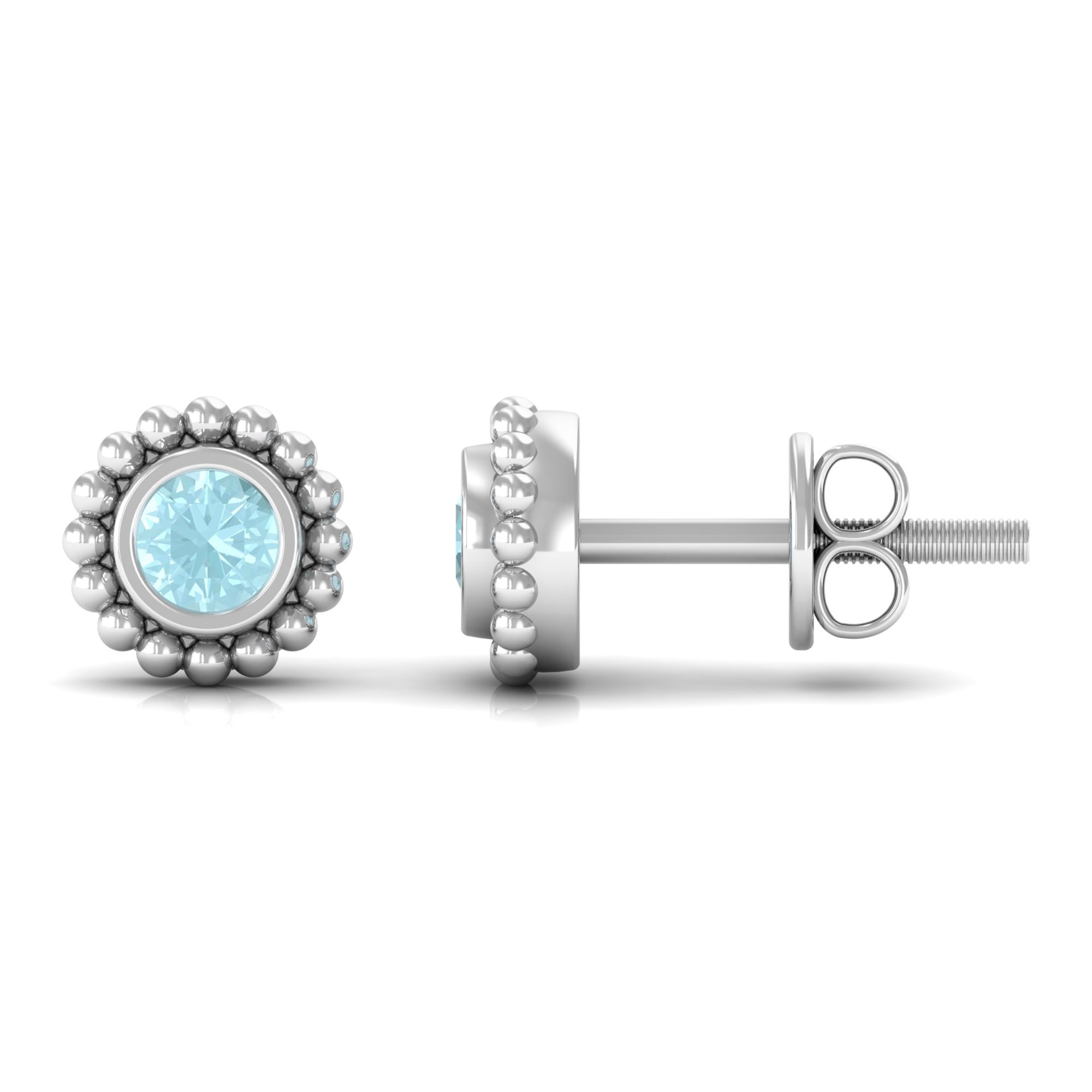 Bezel Set Sky Blue Topaz Solitaire Stud Earrings with Beaded Halo Sky Blue Topaz - ( AAA ) - Quality - Rosec Jewels
