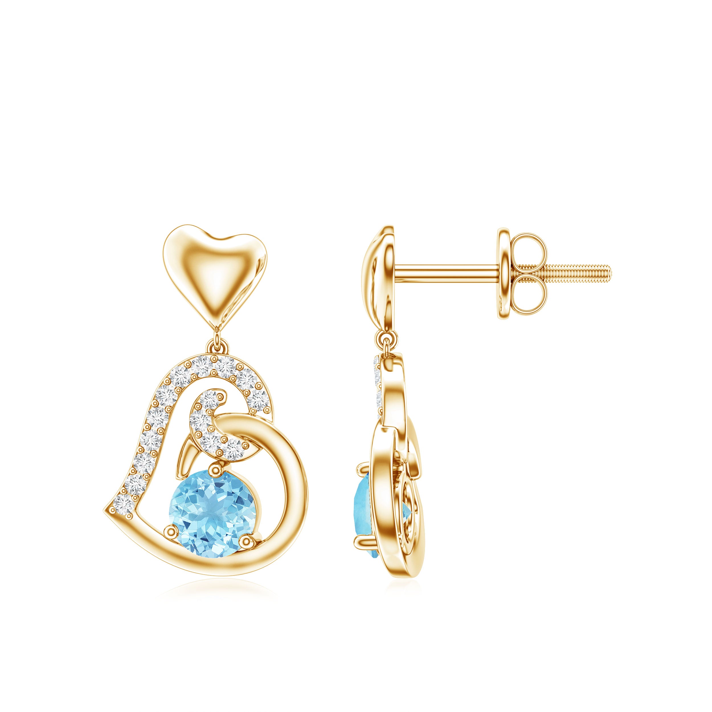 Natural Aquamarine Heart Drop Earrings with Diamond AAA - Rosec Jewels