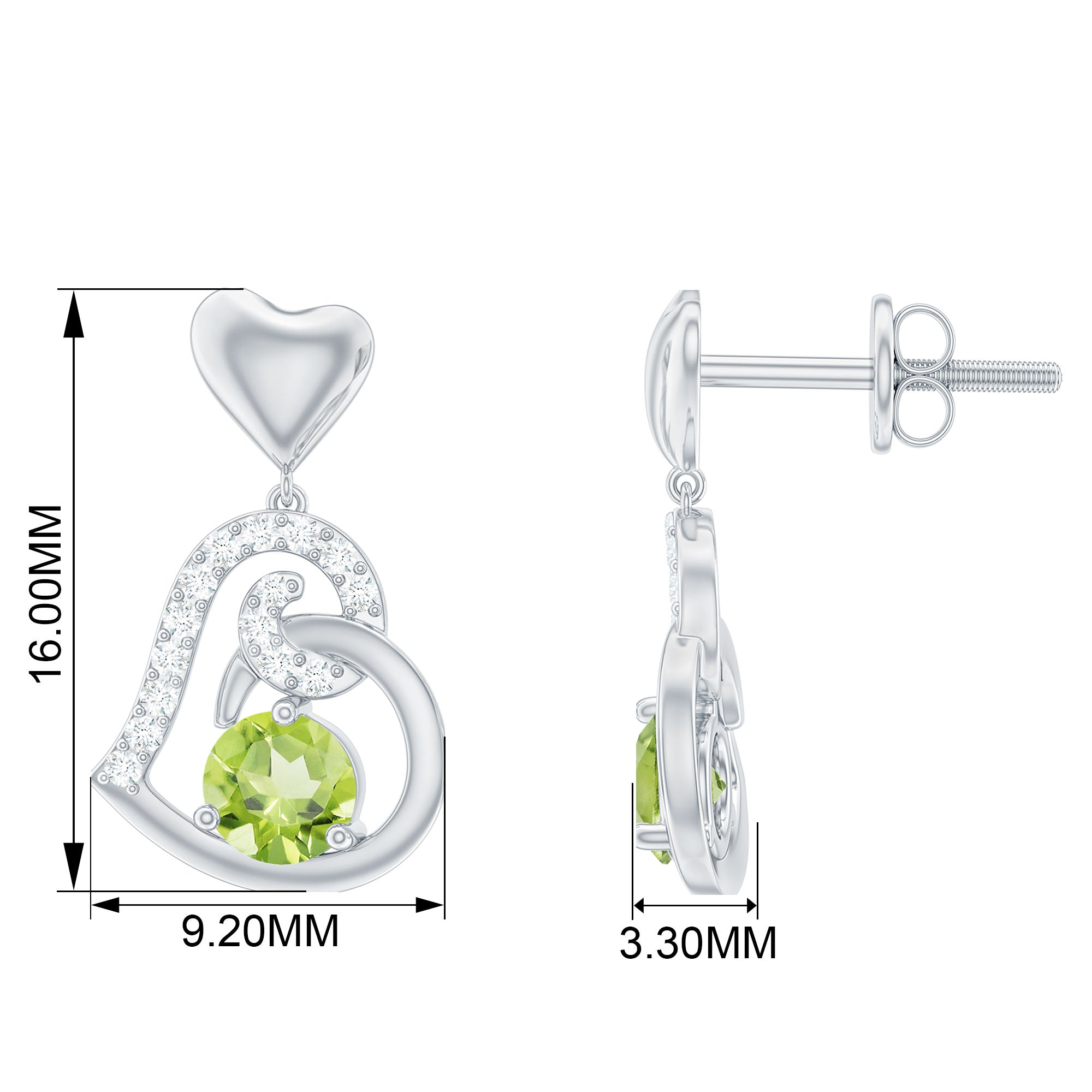 Solitaire Peridot Heart Drop Earrings with Diamond Accent Peridot - ( AAA ) - Quality - Rosec Jewels