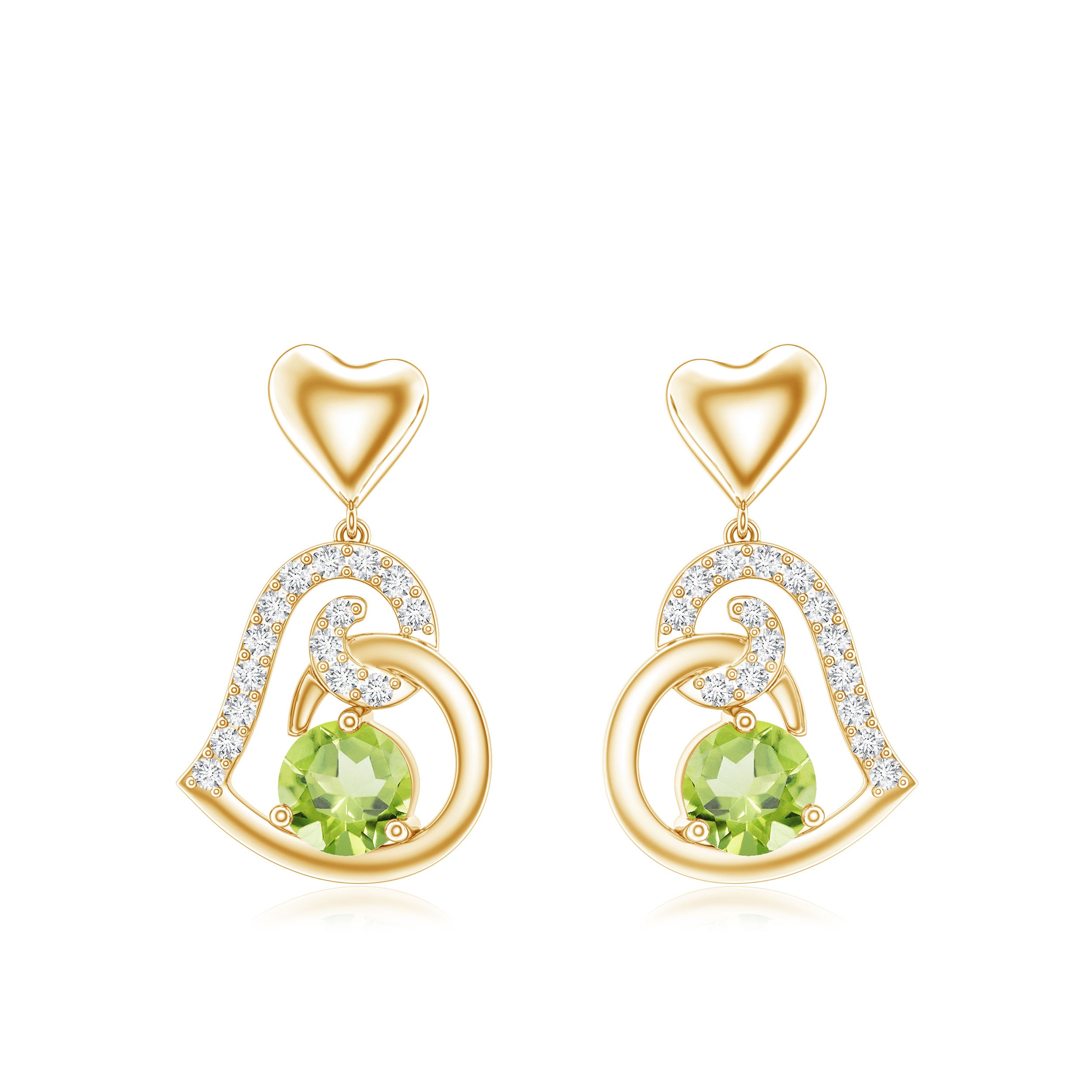 Solitaire Peridot Heart Drop Earrings with Diamond Accent AAA - Rosec Jewels