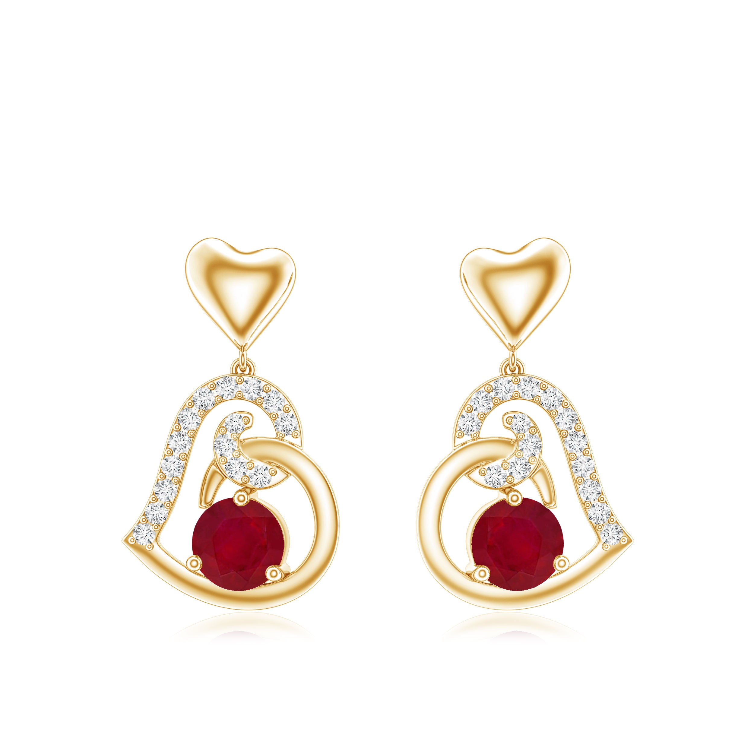 Round Ruby Heart Drop Earring with Diamond Accent AAA - Rosec Jewels
