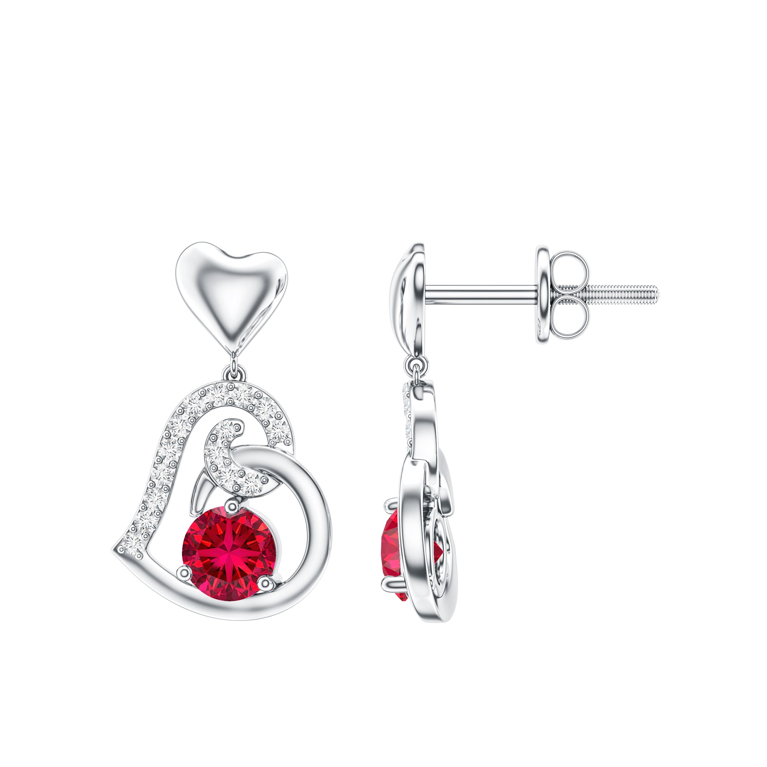 Lab Created Ruby and Diamond Heart Drop Earrings AAAA - Rosec Jewels