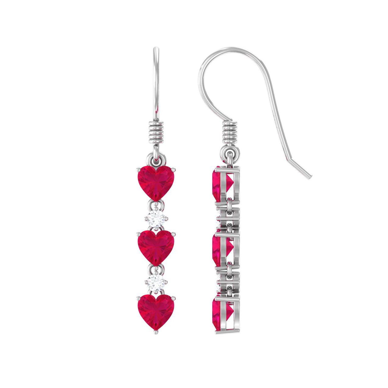 3 CT Ruby and Moissanite Heart Dangle Earrings in Gold Ruby - ( AAA ) - Quality - Rosec Jewels