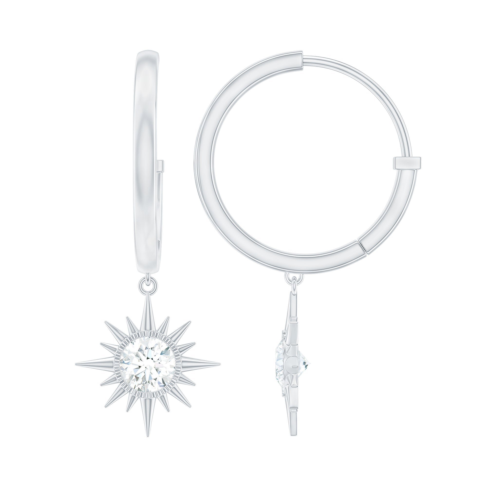 Bezel Set Round Moissanite Sunburst Hoop Drop Earrings