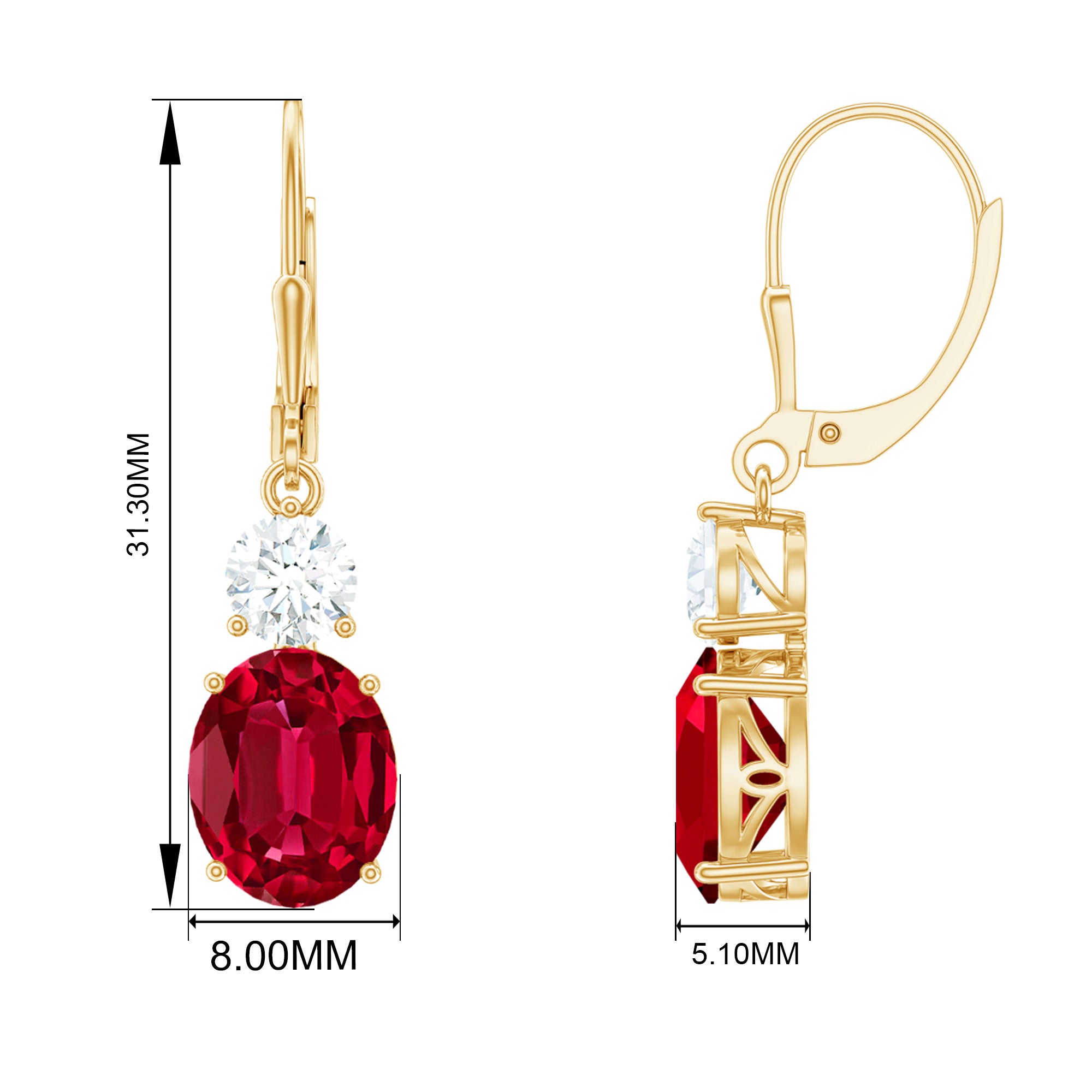 Oval Created Ruby and Zircon Drop Earrings with Lever Back Lab Created Ruby - ( AAAA ) - Quality - Rosec Jewels