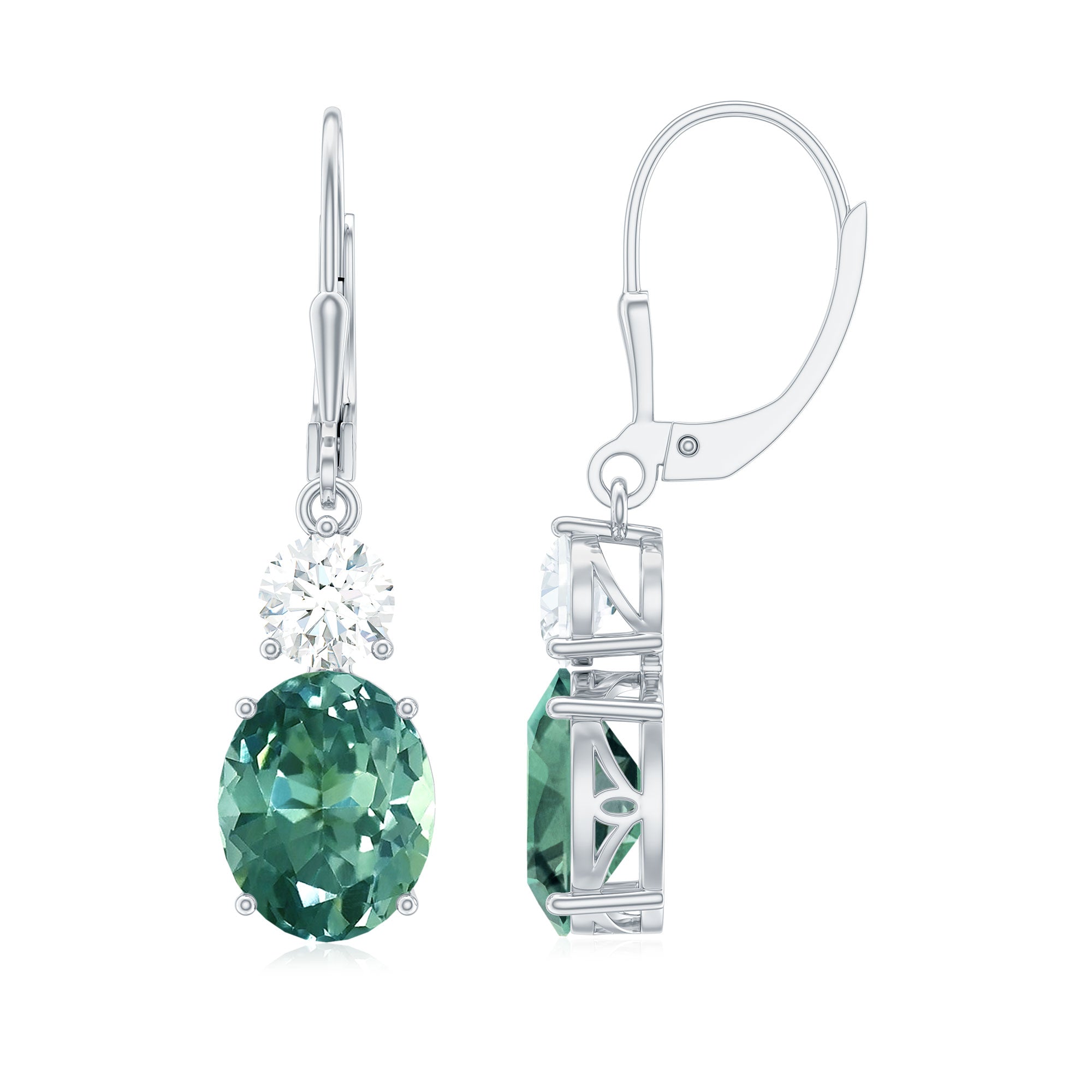 Lab Grown Green Sapphire Oval Drop Earrings With Moissanite Lab Created Green Sapphire - ( AAAA ) - Quality - Rosec Jewels