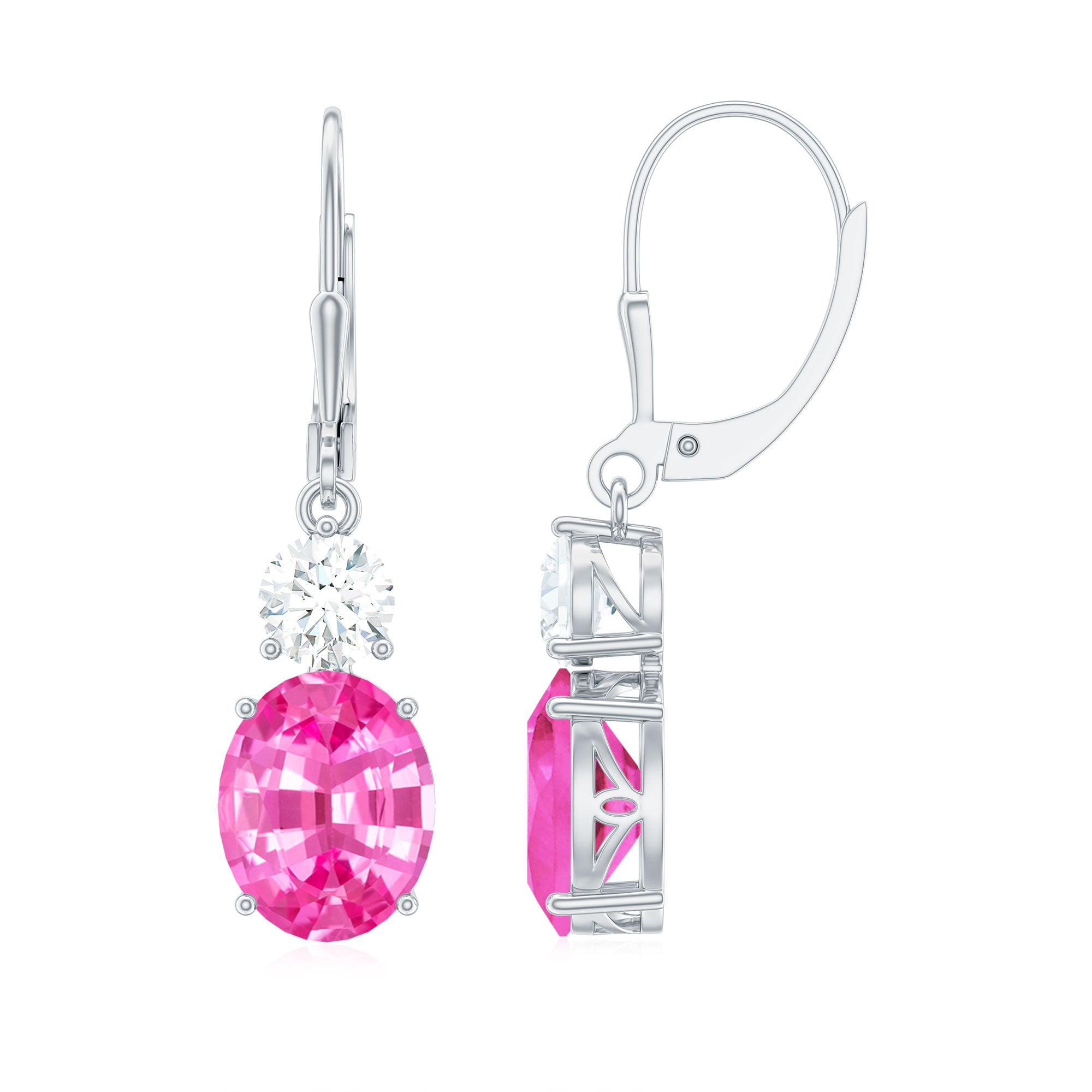 Oval Shape Created Pink Sapphire Drop Lever Back Earrings Lab Created Pink Sapphire - ( AAAA ) - Quality - Rosec Jewels