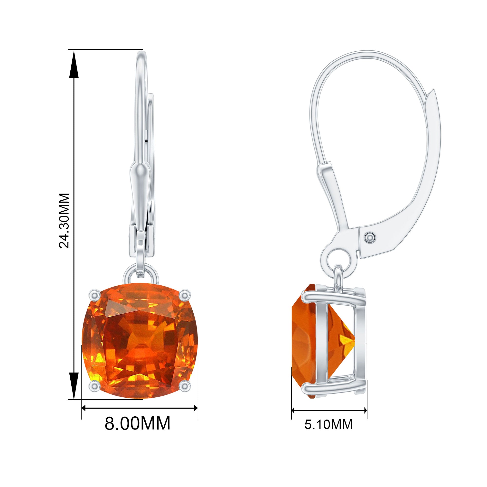 Cushion Cut Created Orange Sapphire Solitaire Drop Earrings Lab Created Orange Sapphire - ( AAAA ) - Quality - Rosec Jewels