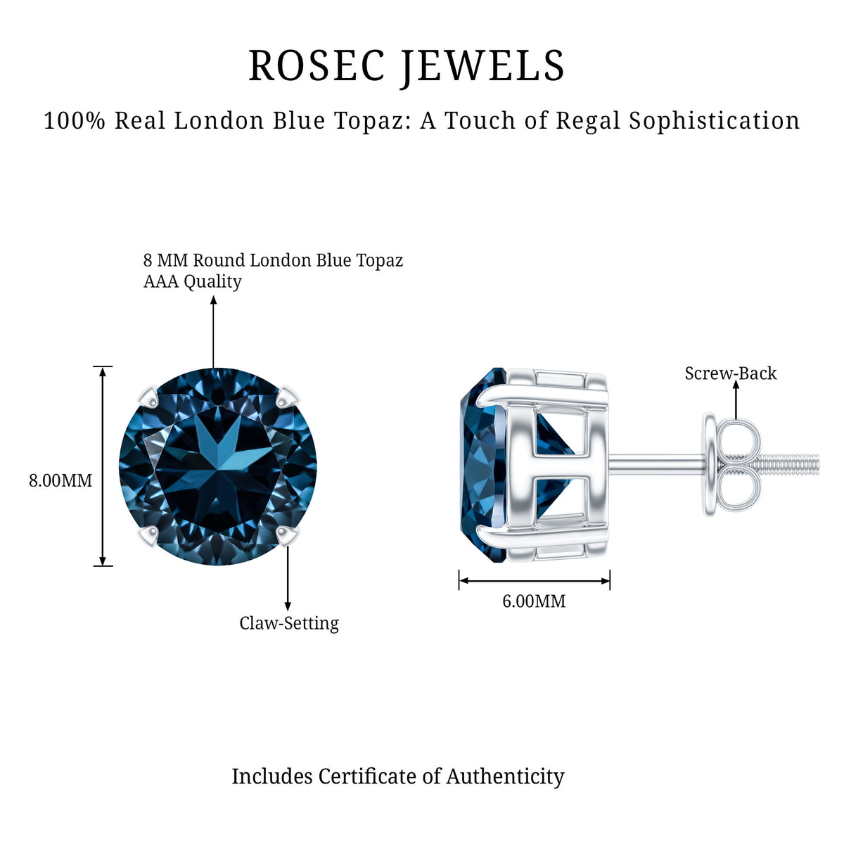 Solitaire 4 Carat London Blue Topaz Stud Earrings with Screw Backs AAA - Rosec Jewels