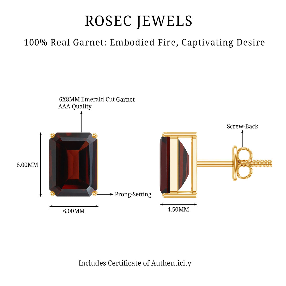 Real 4.32 Carat Emerald Cut Garnet Stud Earrings with Screw on Backs AAA - Rosec Jewels