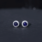 Real 1.9 Carat Blue Sapphire and Diamond Halo Stud Earrings AAA - Rosec Jewels