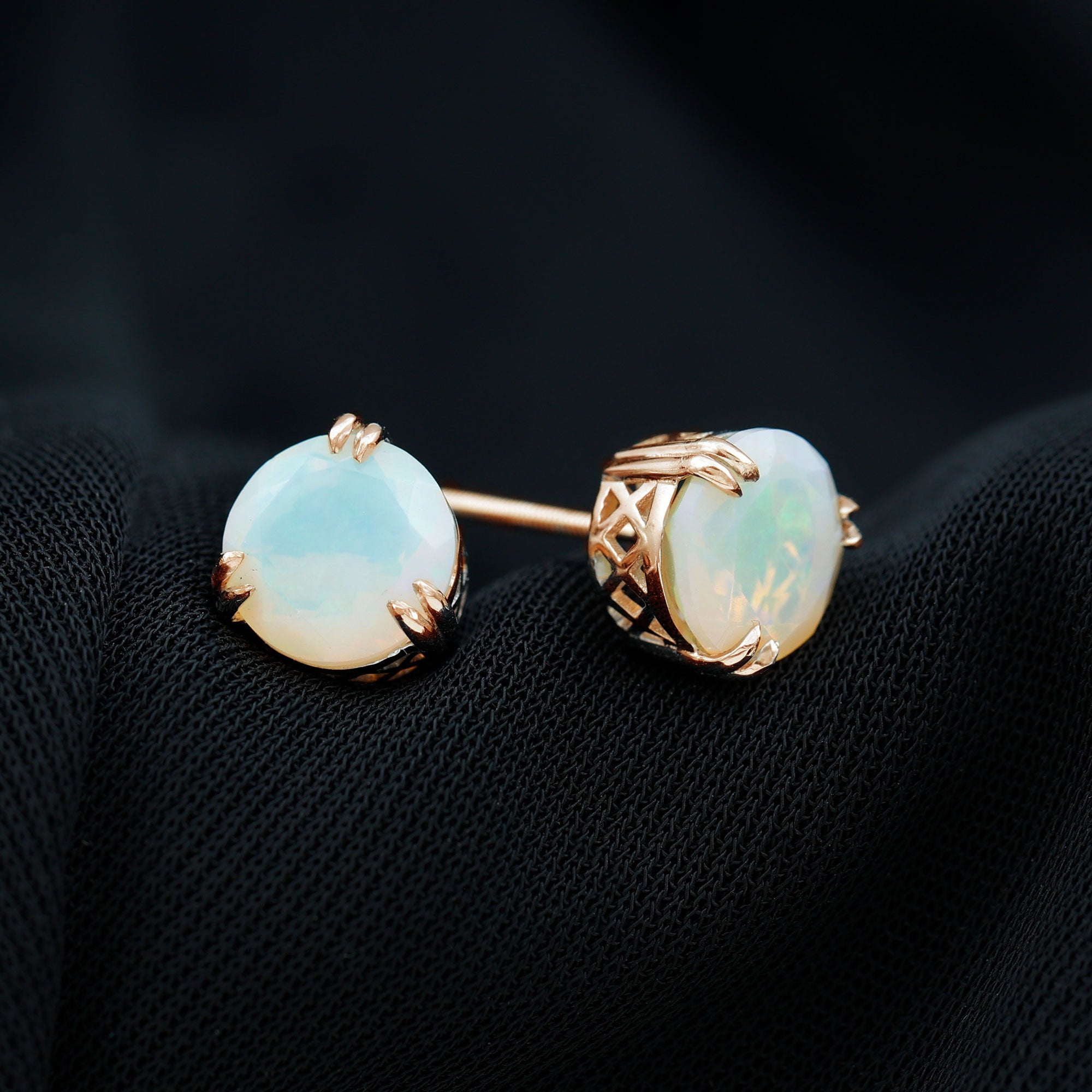 8 MM Ethiopian Opal Solitaire Stud Earrings in Double Prong Setting Ethiopian Opal - ( AAA ) - Quality - Rosec Jewels