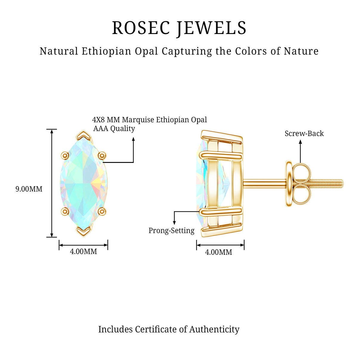 Certified Real Marquise Ethiopian Opal Earrings with Screw Back AAA - Rosec Jewels