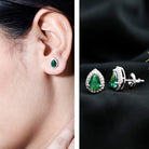 Lab Created Emerald Teardrop Stud Earrings with Diamond Halo AAAA - Rosec Jewels