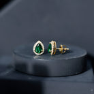 Lab Created Emerald Teardrop Stud Earrings with Diamond Halo AAAA - Rosec Jewels