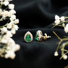 Lab Created Emerald Teardrop Stud Earrings with Diamond Halo AAAA - Rosec Jewels