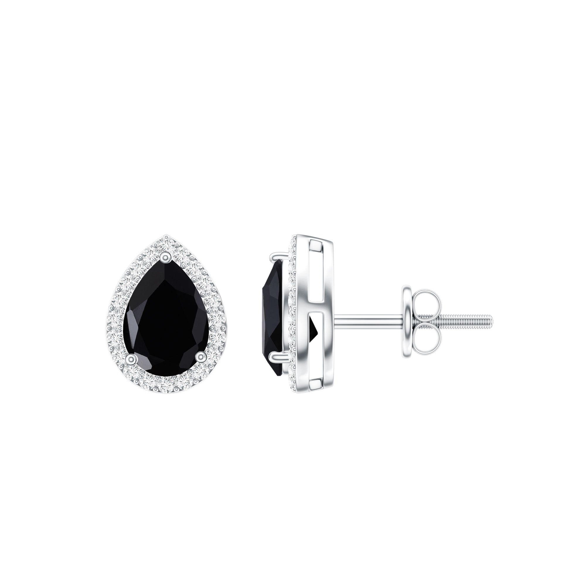 2 Carat Pear Cut Black Onyx and Diamond Halo Stud Earrings AAA - Rosec Jewels