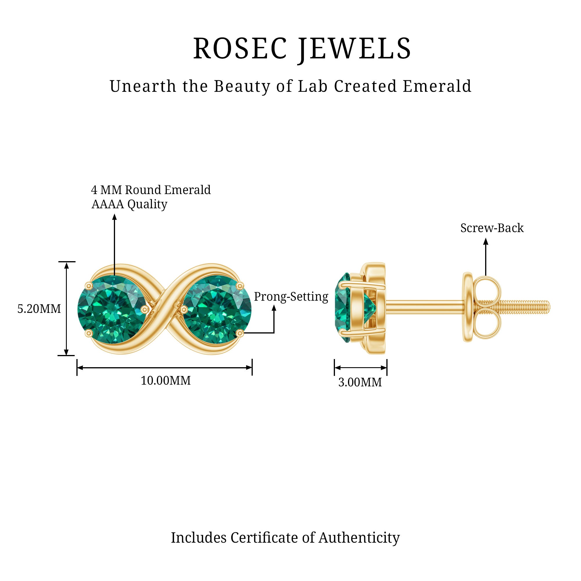 Lab Grown Emerald Infinity Stud Earrings AAAA - Rosec Jewels