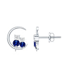 Lab Grown Blue Sapphire and Diamond Cat and Moon Stud Earrings AAAA - Rosec Jewels