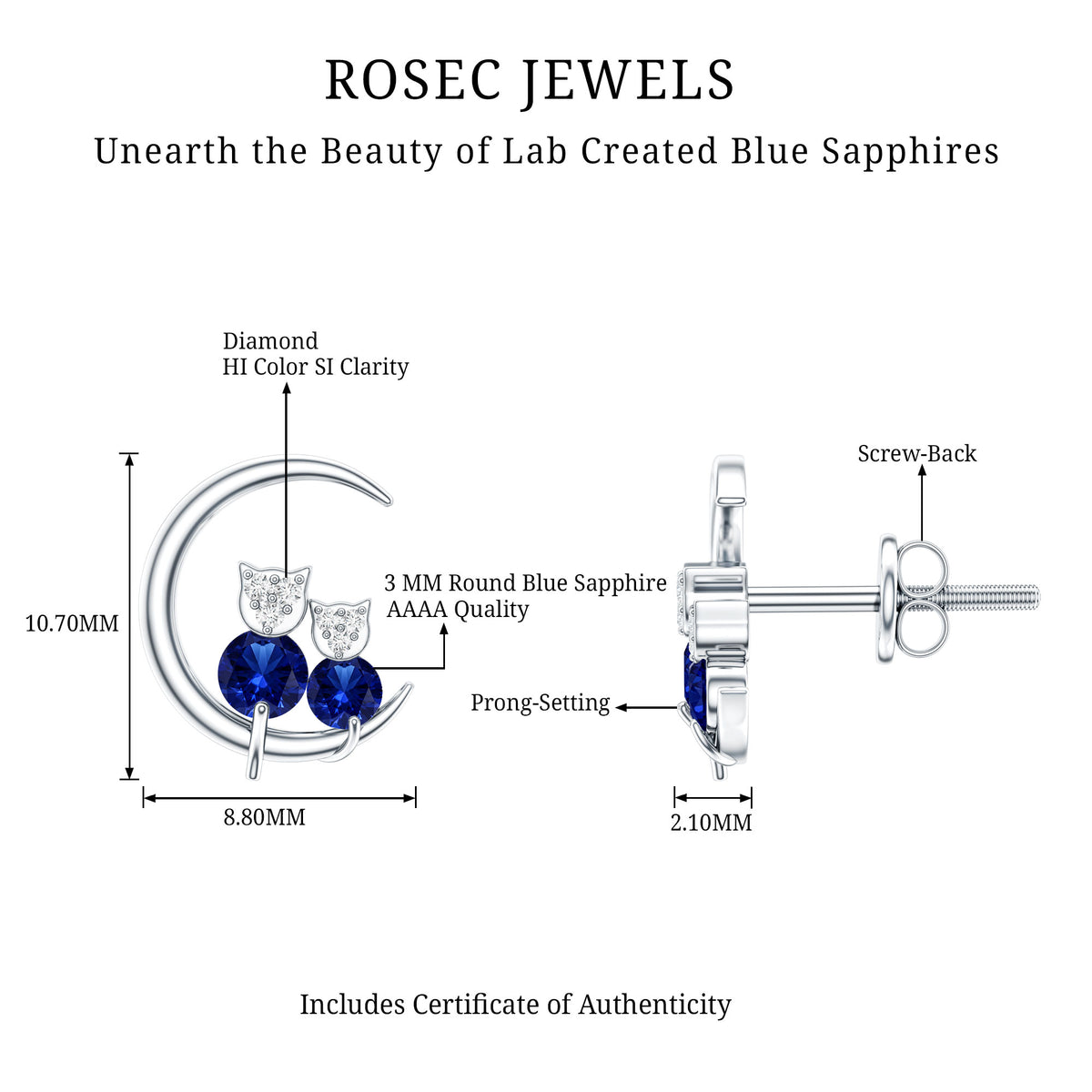 Lab Grown Blue Sapphire and Diamond Cat and Moon Stud Earrings AAAA - Rosec Jewels