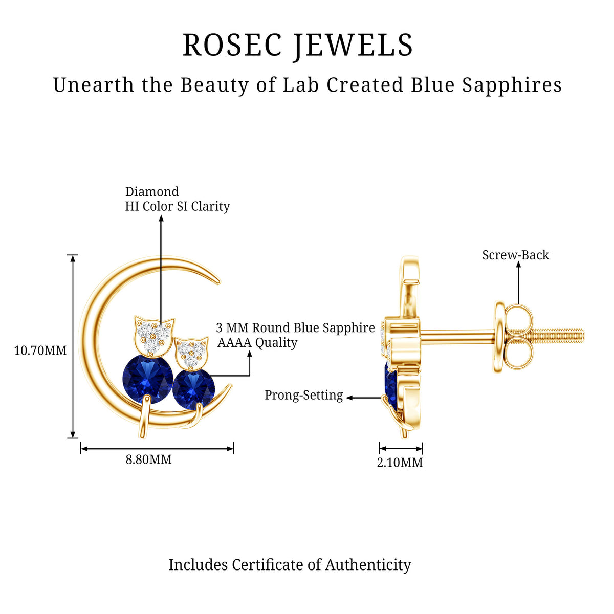 Lab Grown Blue Sapphire and Diamond Cat and Moon Stud Earrings AAAA - Rosec Jewels