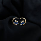 Lab Grown Blue Sapphire and Diamond Cat and Moon Stud Earrings AAAA - Rosec Jewels