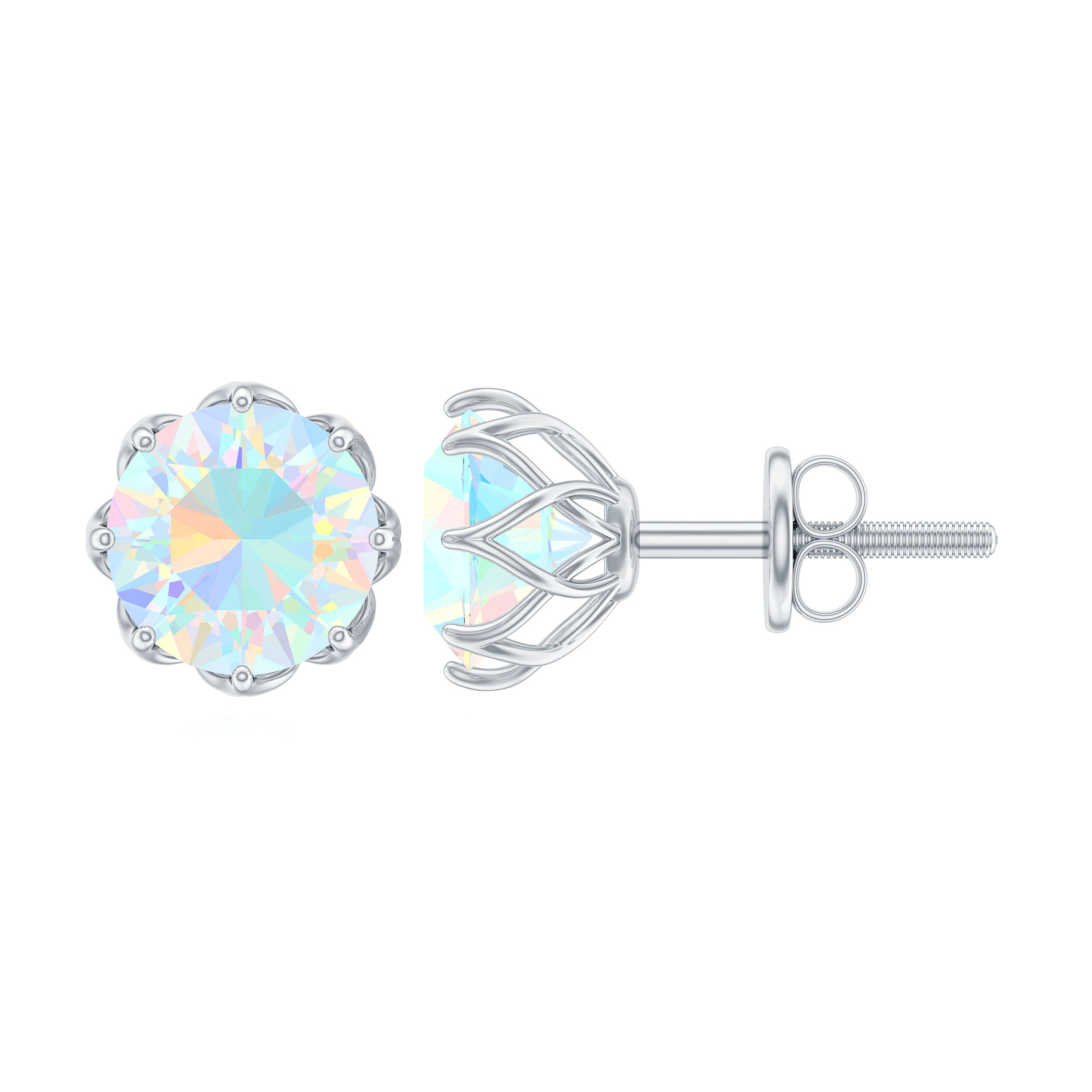 Round Ethiopian Opal Solitaire Stud Earrings in Decorative Setting Ethiopian Opal - ( AAA ) - Quality - Rosec Jewels