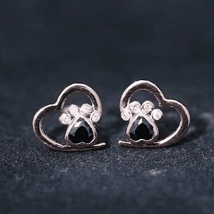 Heart Shape Black Spinel Paw Stud Earrings with Moissanite AAA - Rosec Jewels