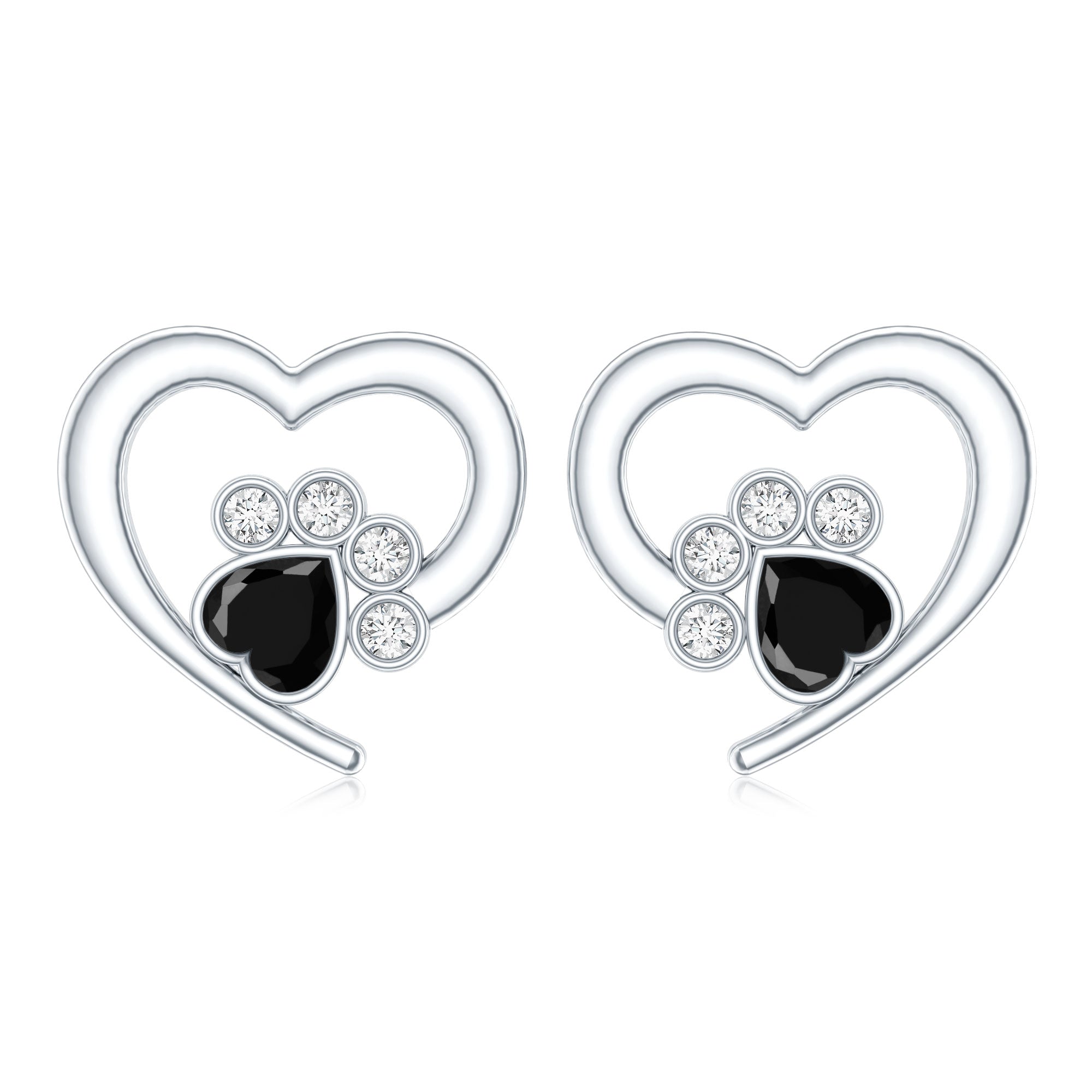 Heart Shape Black Spinel Paw Stud Earrings with Moissanite AAA - Rosec Jewels