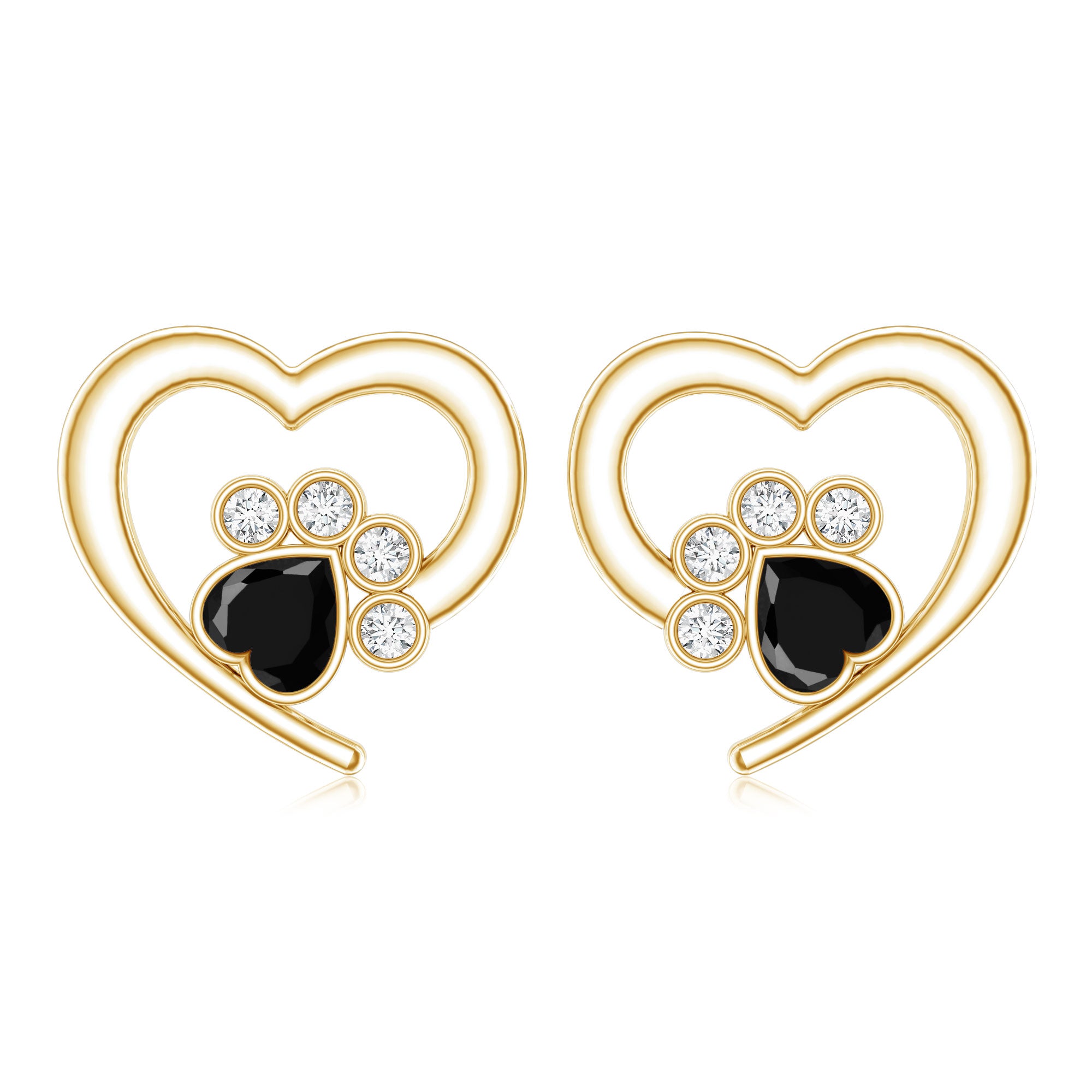 Heart Shape Black Spinel Paw Stud Earrings with Moissanite AAA - Rosec Jewels
