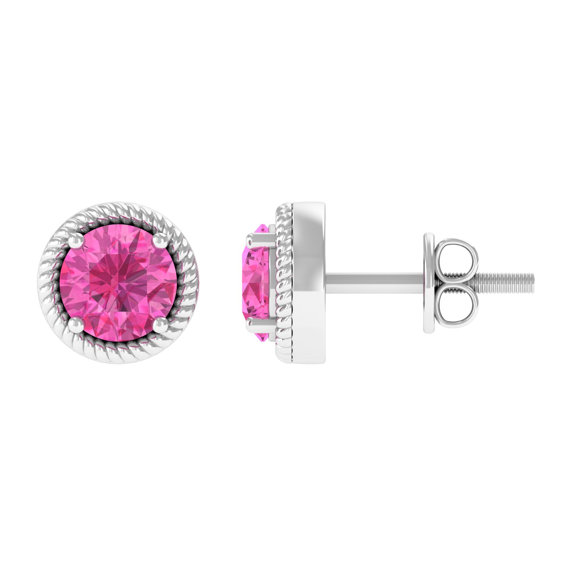Round Pink Sapphire Solitaire Stud Earrings in Rope Frame Design Pink Sapphire - ( AAA ) - Quality - Rosec Jewels