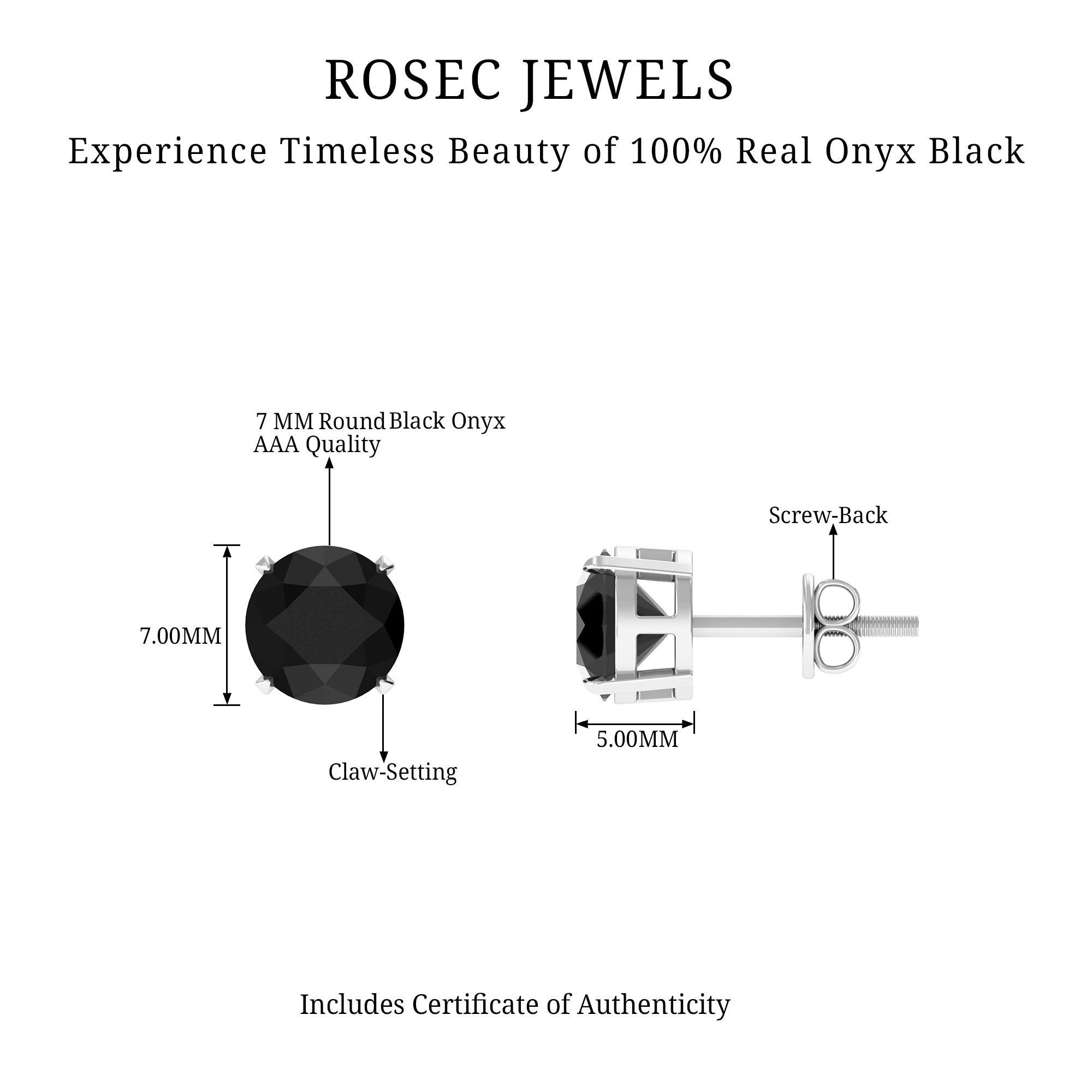 6.5X6.5 MM Round Cut Black Onyx Solitaire Stud Earrings in 4 Prong Setting Black Onyx - ( AAA ) - Quality - Rosec Jewels