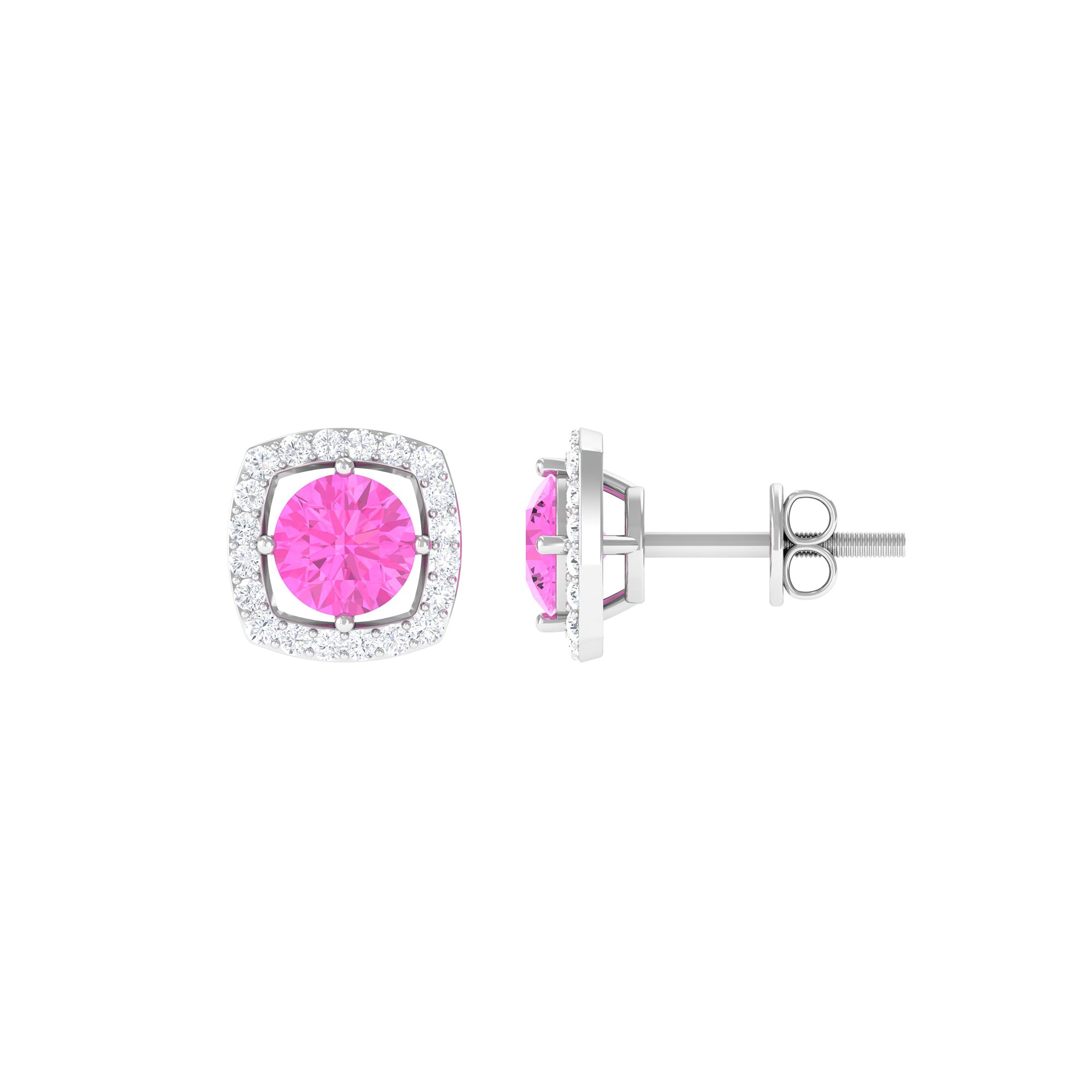 Classic Pink Sapphire and Diamond Halo Stud Earrings Pink Sapphire - ( AAA ) - Quality - Rosec Jewels