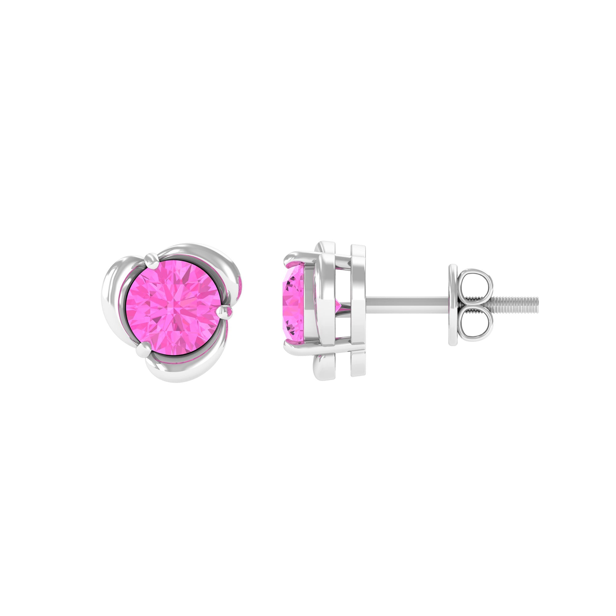 Solitaire Flower Stud Earrings with Round Cut Pink Sapphire Pink Sapphire - ( AAA ) - Quality - Rosec Jewels