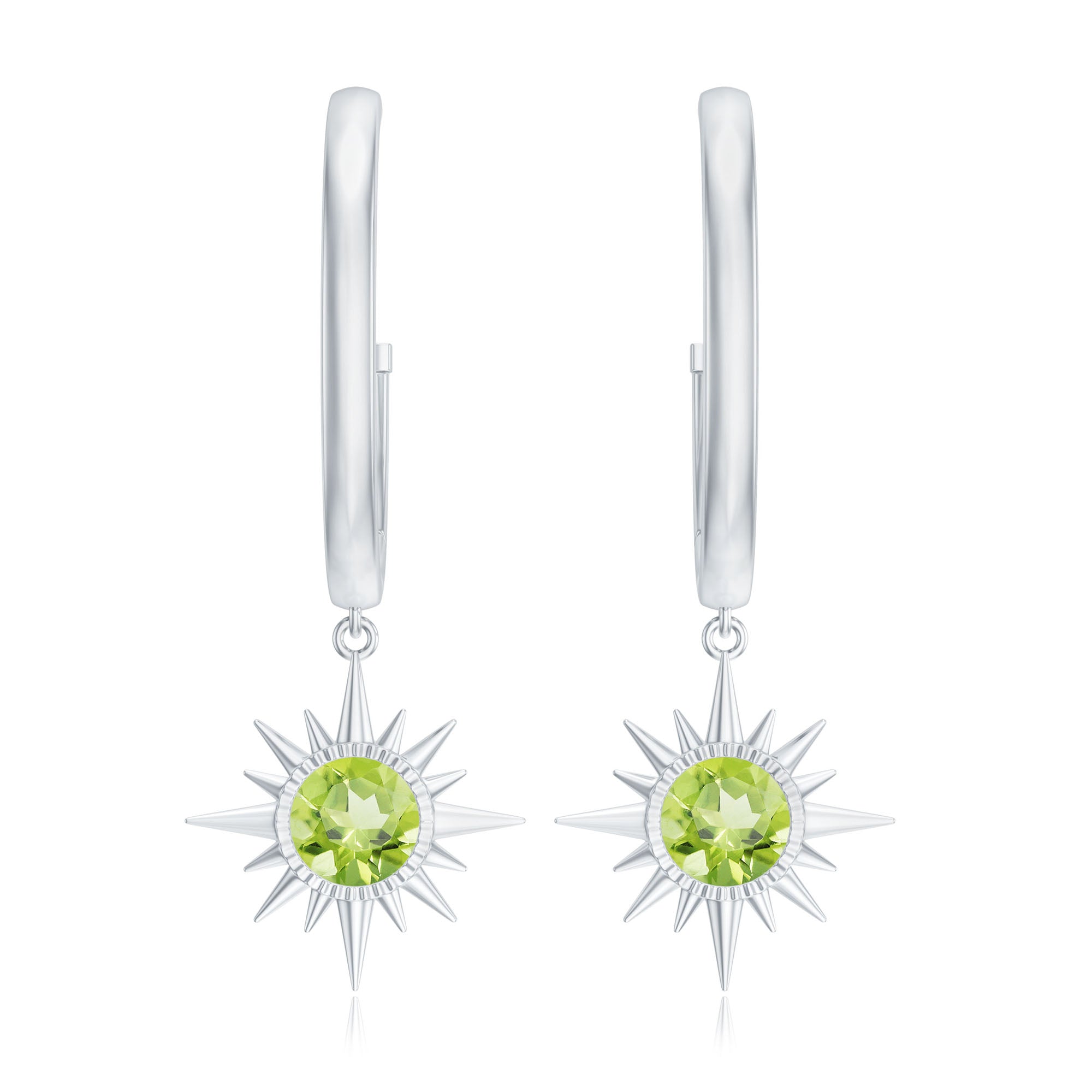 Round Shape 1 Carat Peridot Sunburst Hoop Drop Earrings For Women AAA - Rosec Jewels