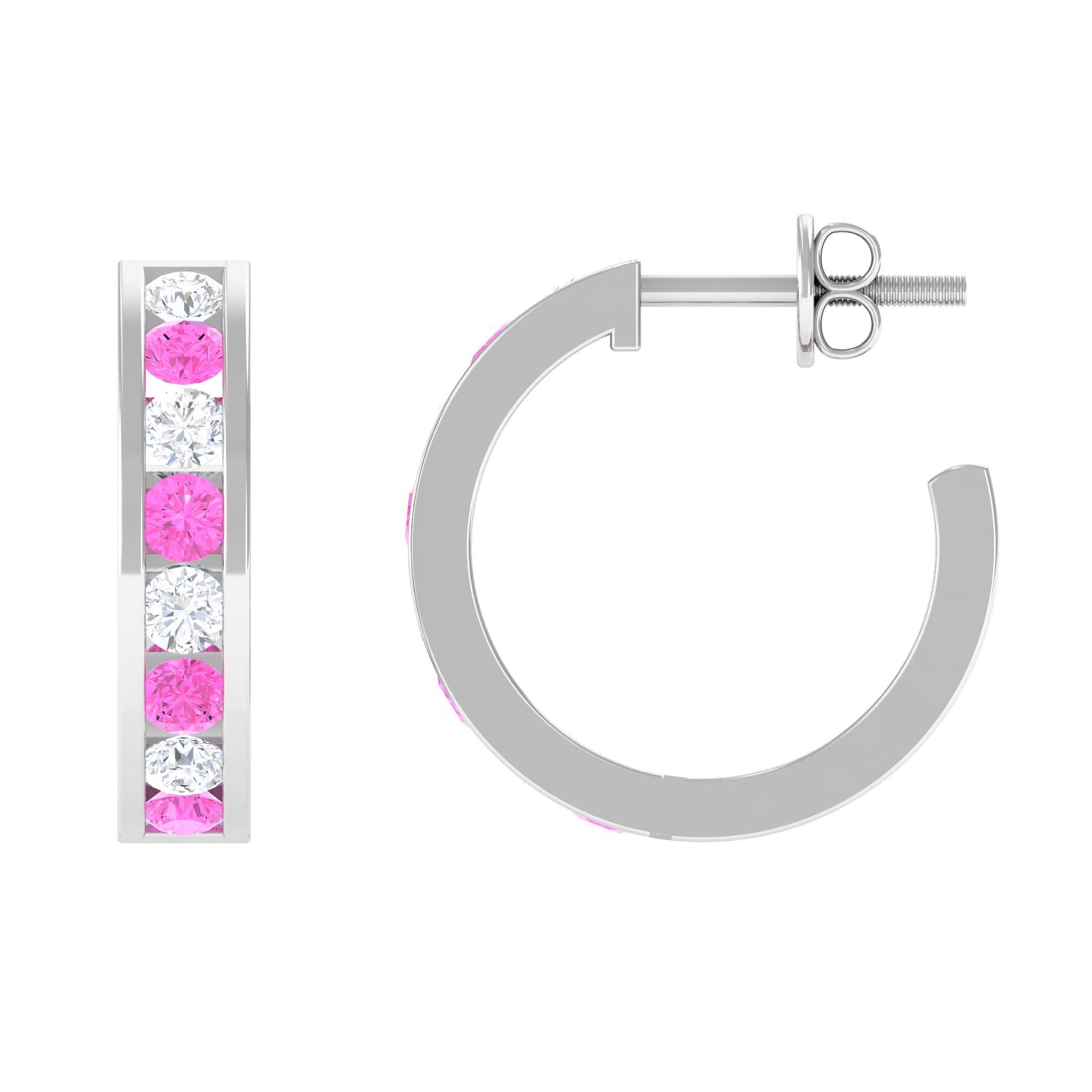 Rosec Jewels-Channel Set Pink Sapphire and Diamond Half Eternity Hinged Hoop Earrings