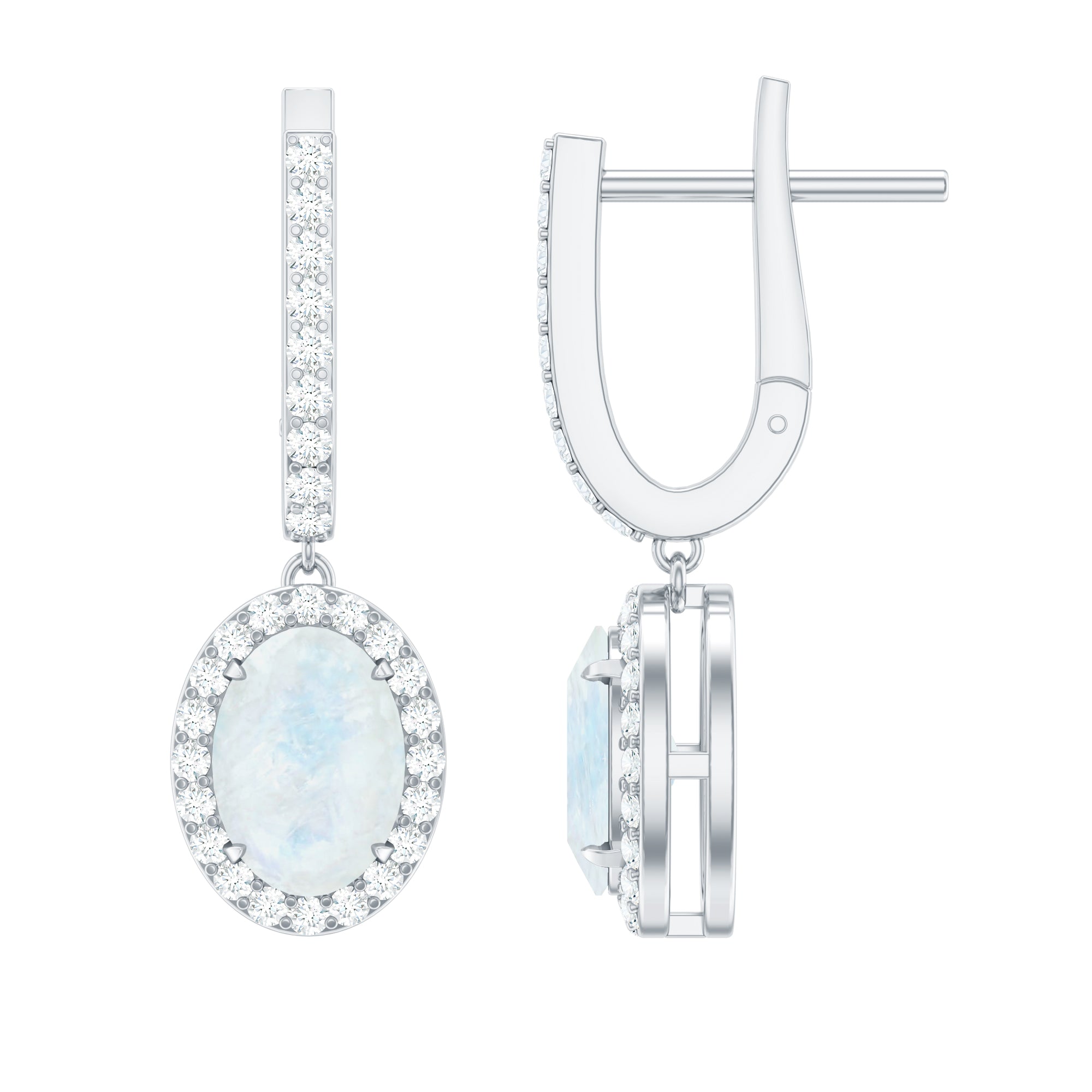 2.75 CT Claw Set Moonstone and Diamond Drop Hoop Earrings