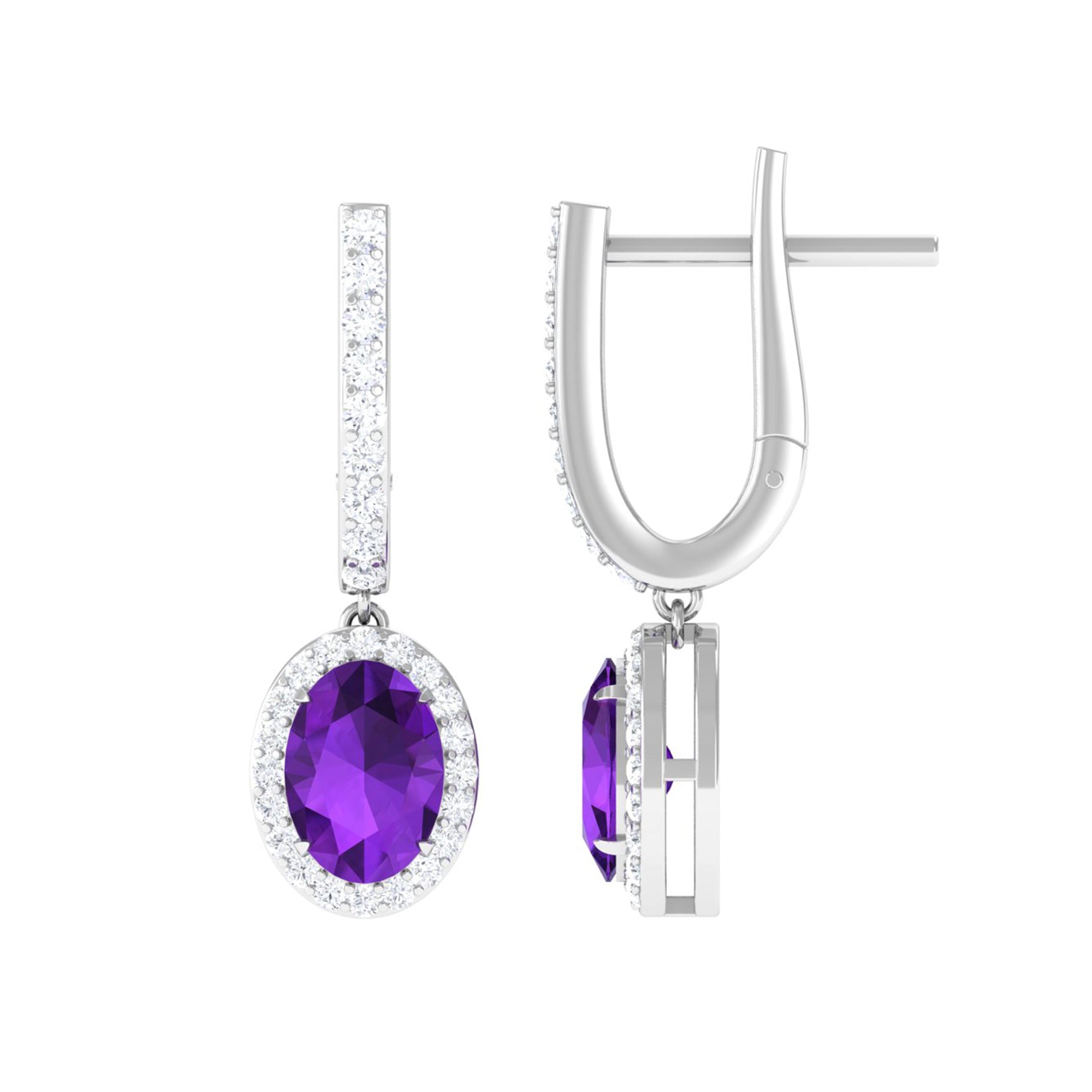 Oval Amethyst Hoop Drop Earrings with Moissanite Halo Amethyst - ( AAA ) - Quality - Rosec Jewels