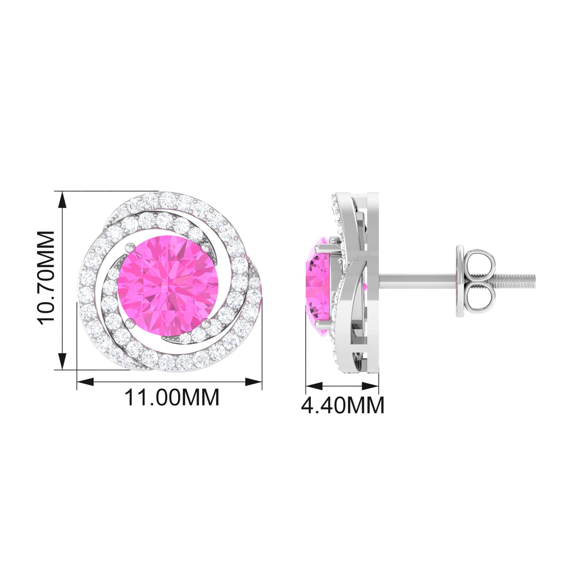 Swirl Stud Earrings with Round Pink Sapphire and Diamond Pink Sapphire - ( AAA ) - Quality - Rosec Jewels