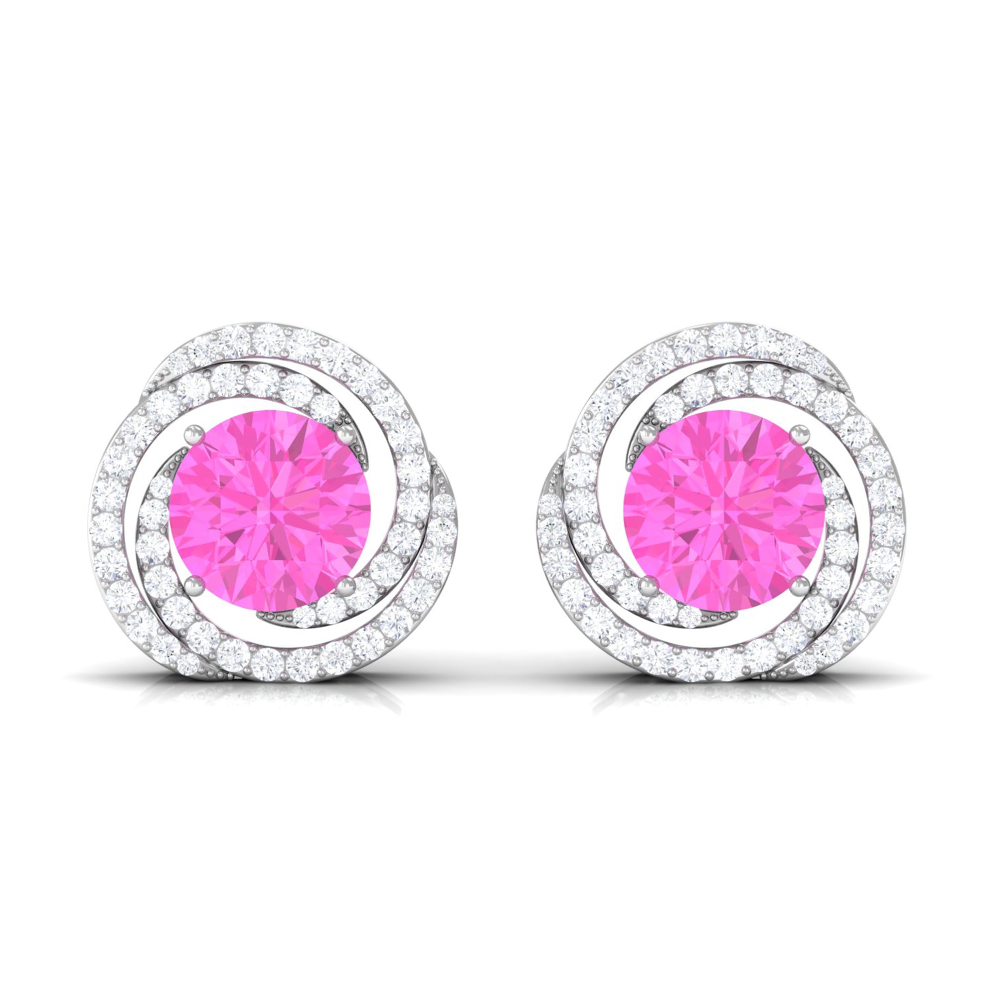 Swirl Stud Earrings with Round Pink Sapphire and Diamond Pink Sapphire - ( AAA ) - Quality - Rosec Jewels