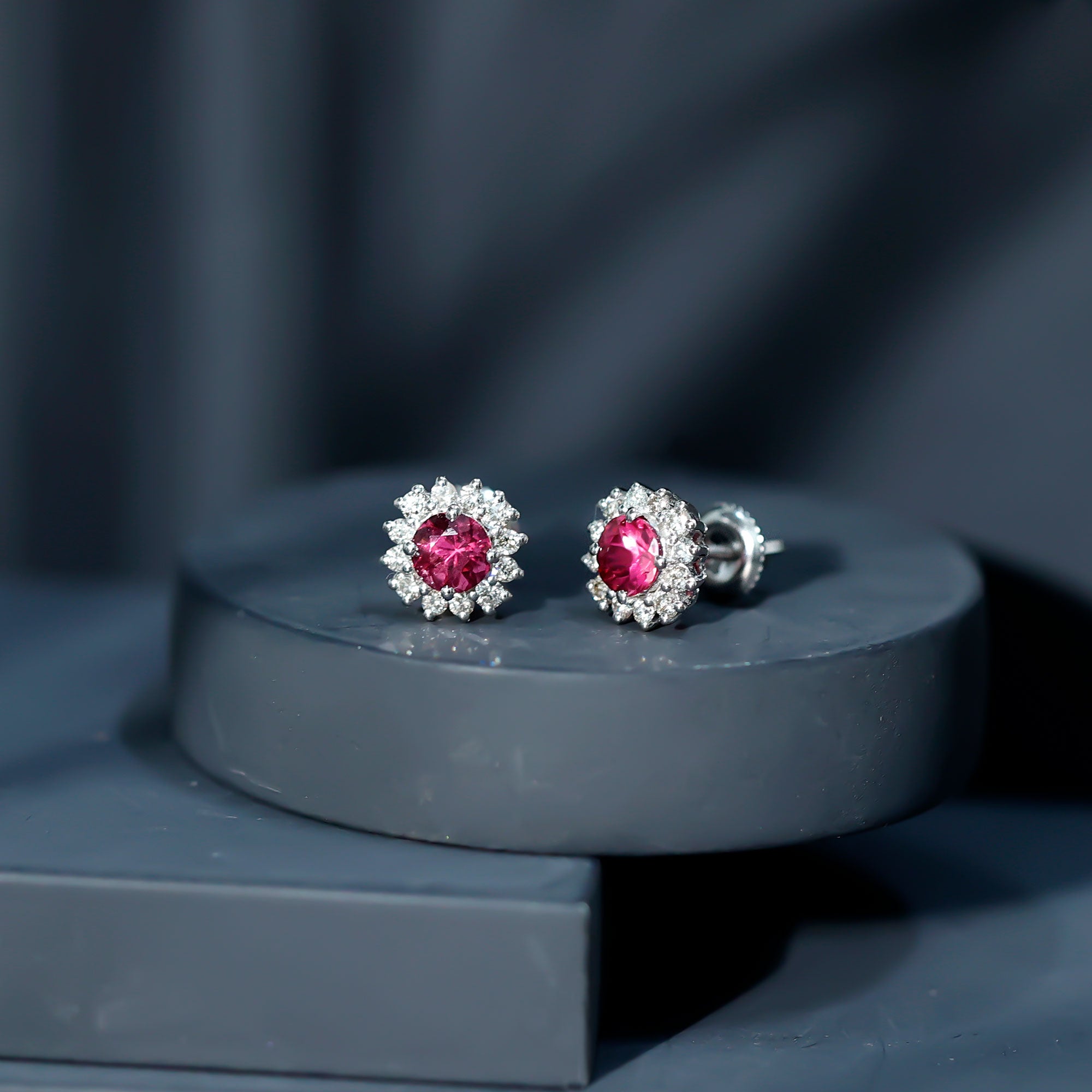 Genuine Pink Tourmaline and Diamond Halo Stud Earrings AAA - Rosec Jewels