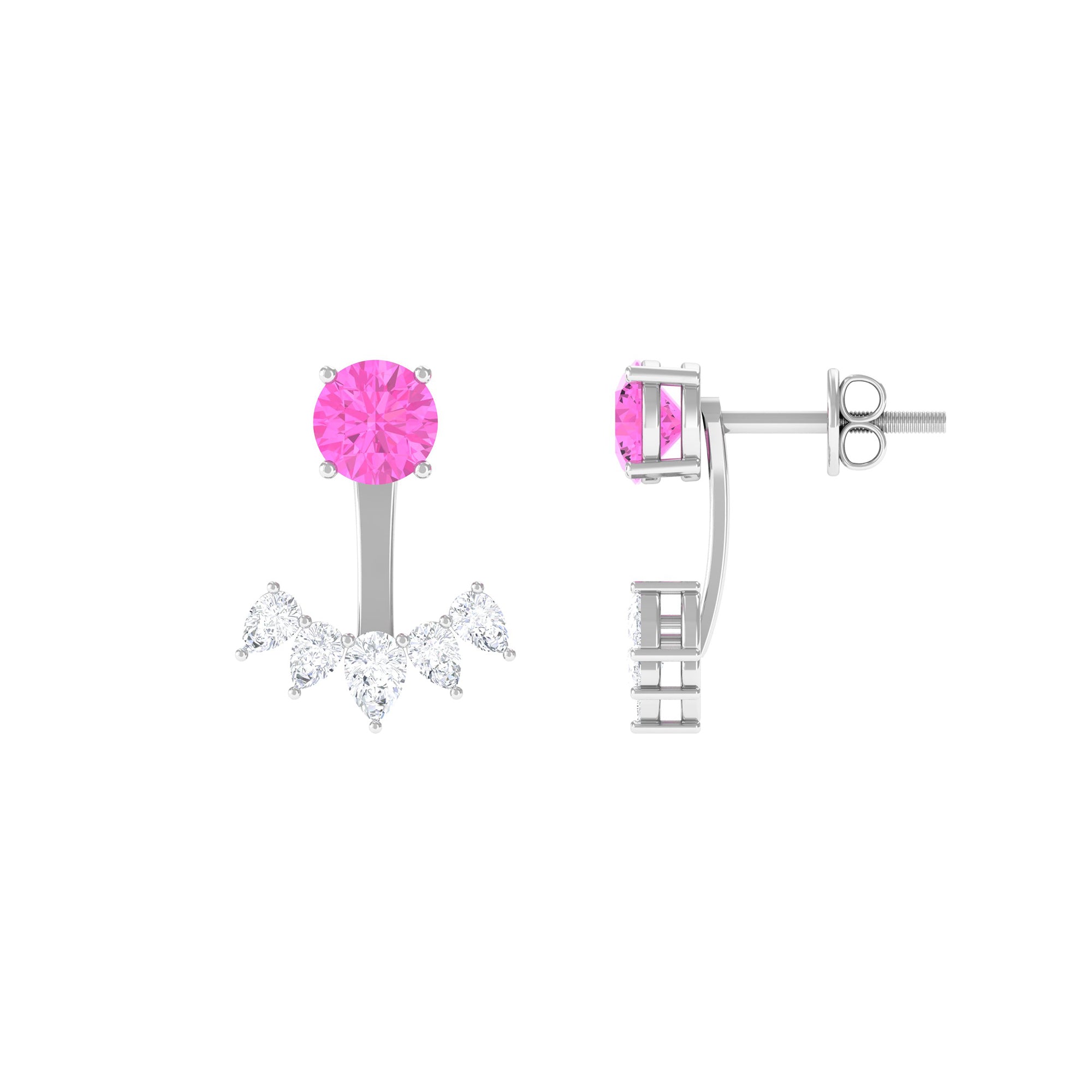 Simple Jacket Earrings with Round Pink Sapphire and Pear Cut Moissanite Pink Sapphire - ( AAA ) - Quality - Rosec Jewels