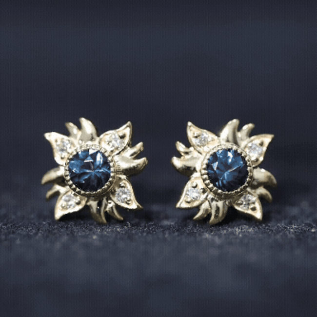London Blue Topaz and Diamond Sunburst Stud Earrings AAA - Rosec Jewels