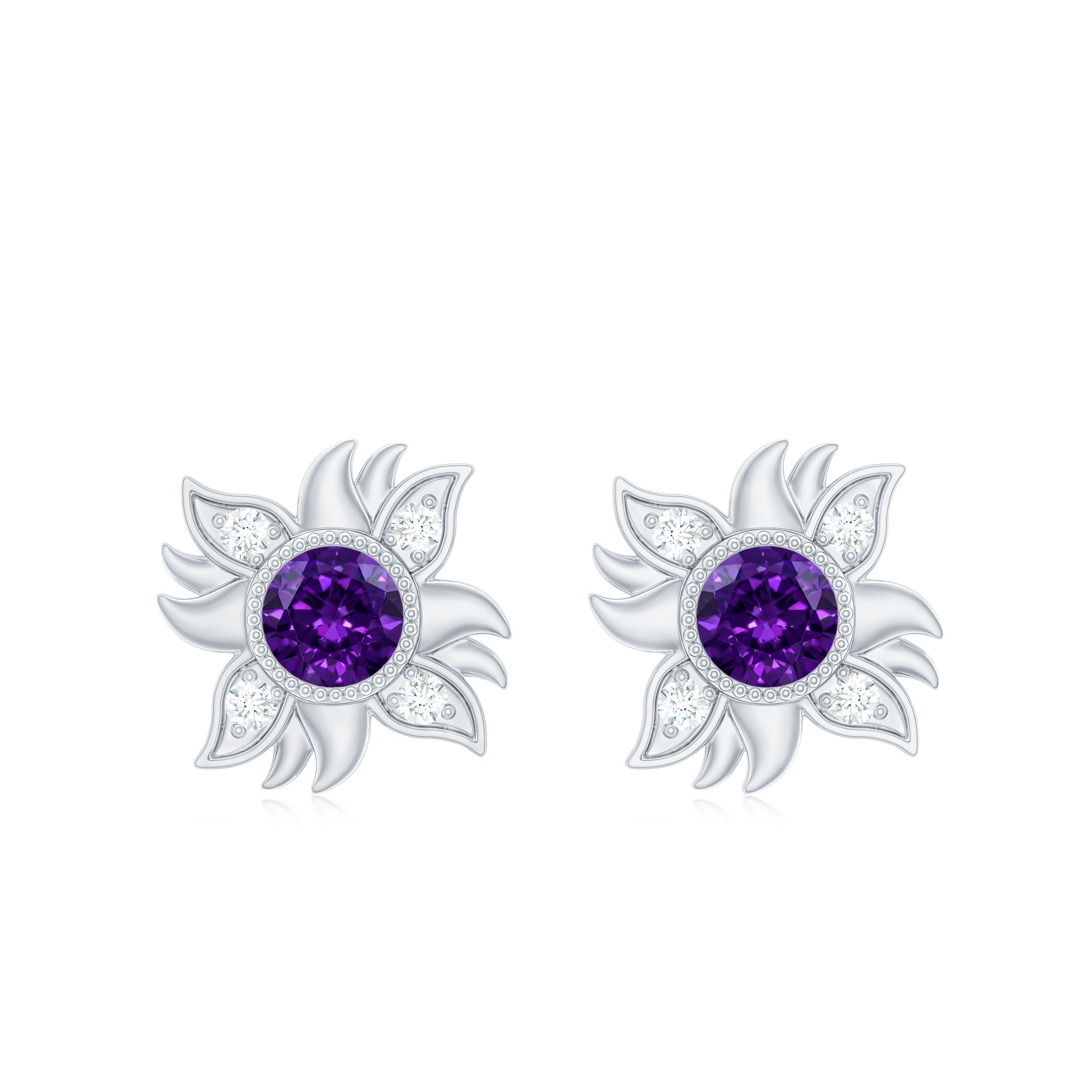 0.9 Carat Round Shape Amethyst and Diamond Sunburst Stud Earrings AAA - Rosec Jewels