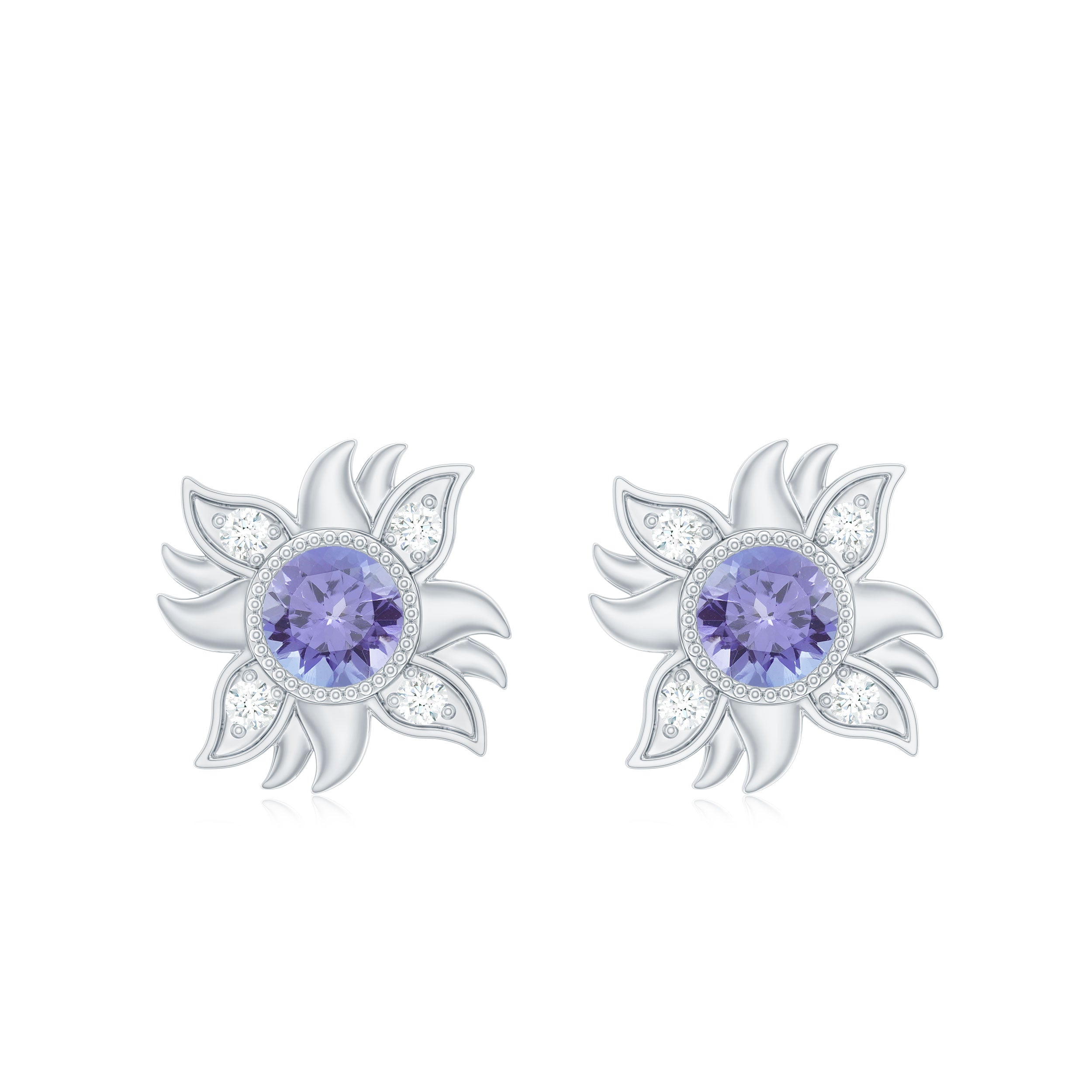 Round Shape Tanzanite and Diamond Sunburst Stud Earrings AAA - Rosec Jewels