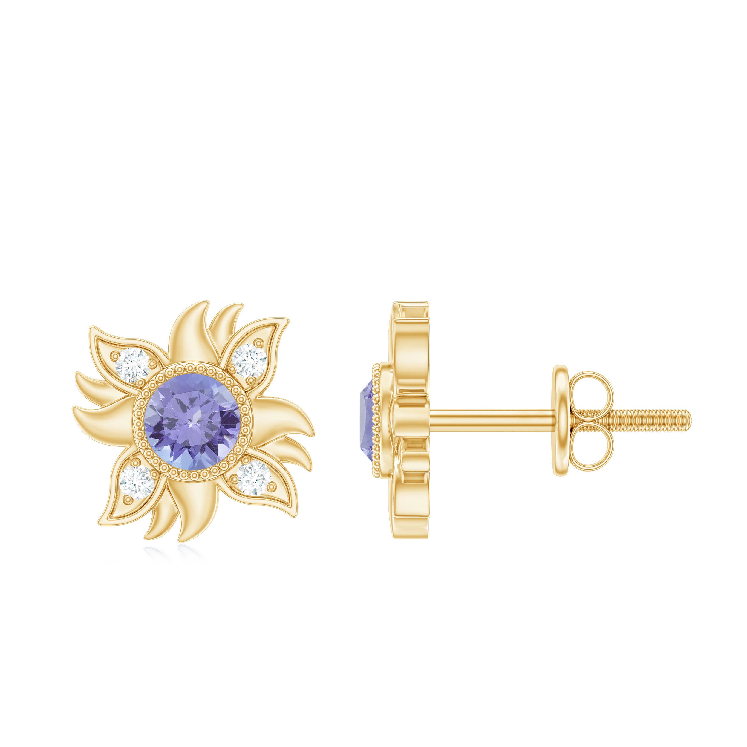 Round Shape Tanzanite and Diamond Sunburst Stud Earrings AAA - Rosec Jewels