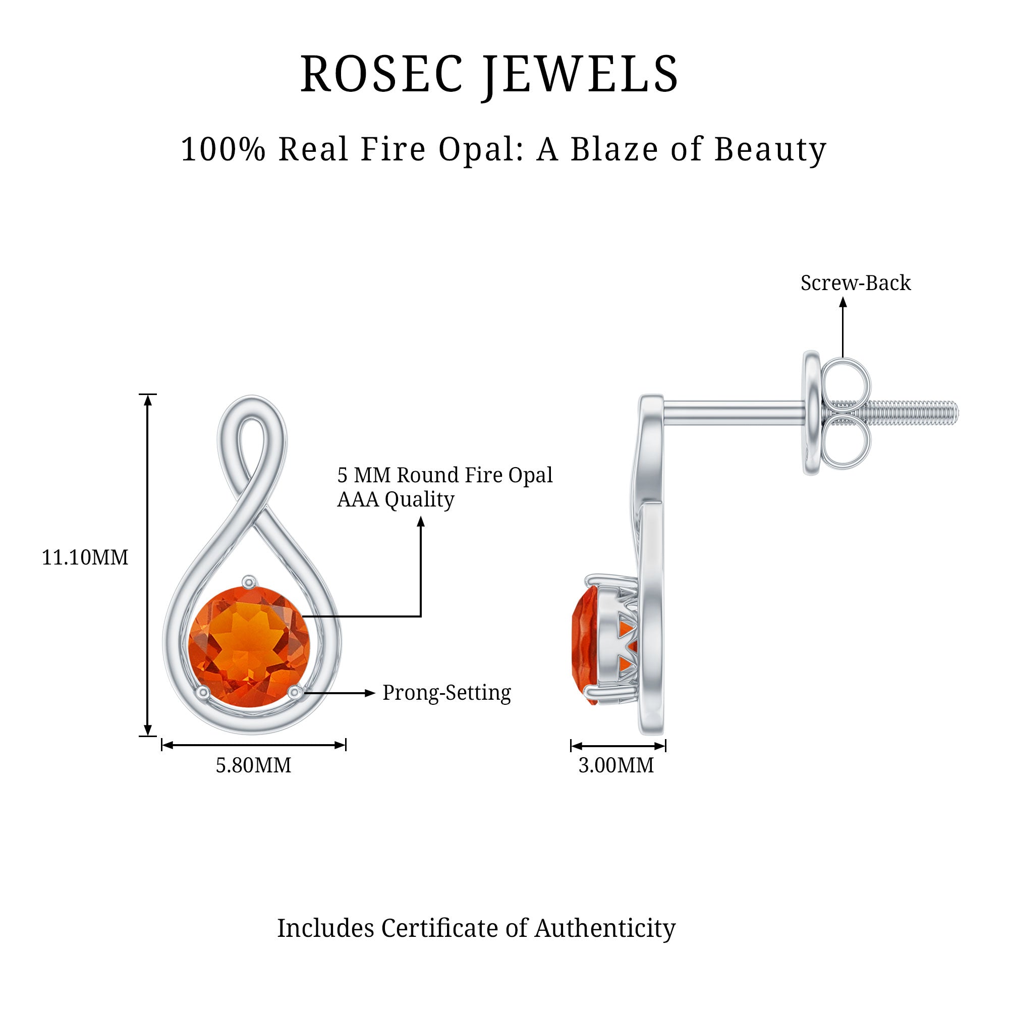 Round Cut Solitaire Fire Opal Infinity Stud Earrings AAA - Rosec Jewels