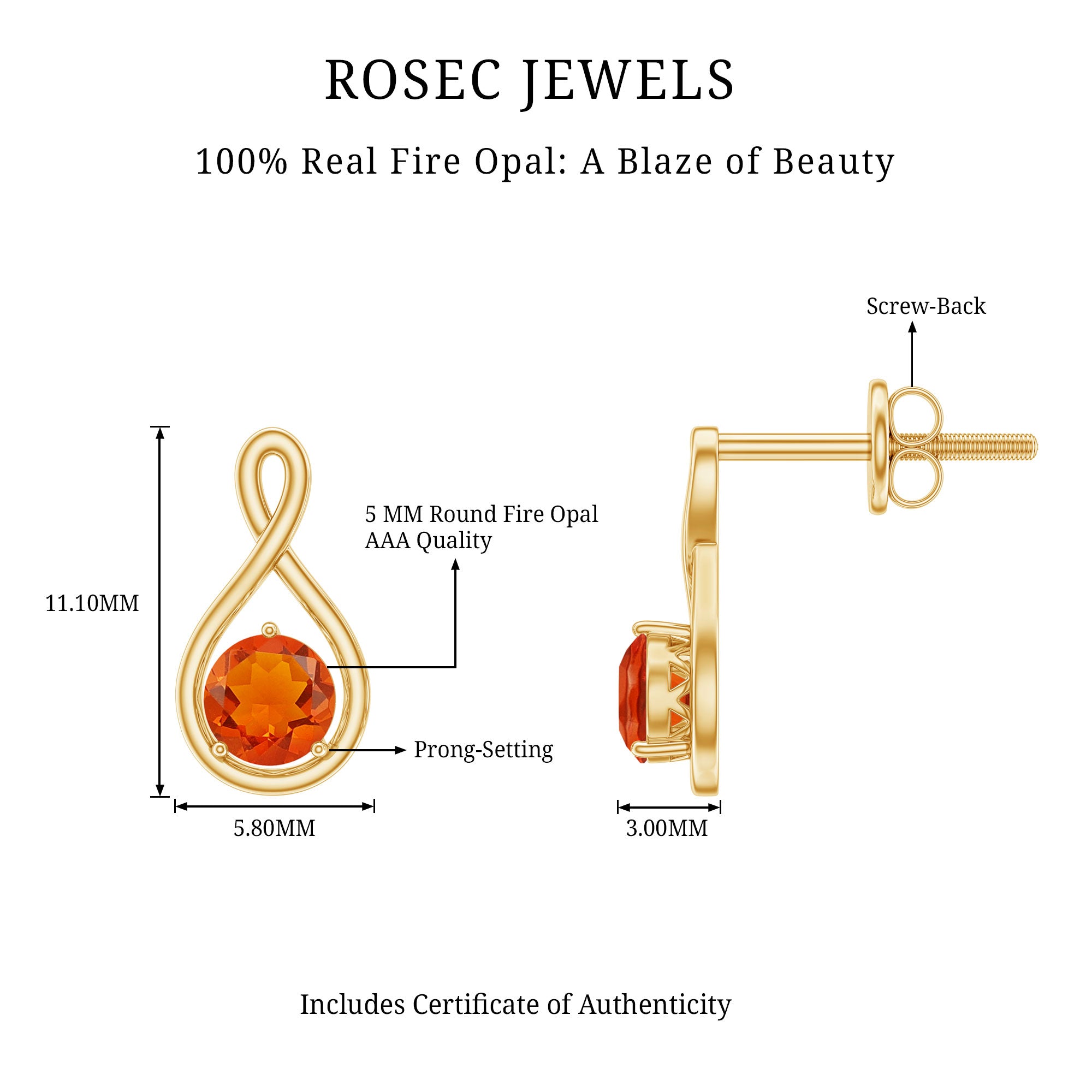 Round Cut Solitaire Fire Opal Infinity Stud Earrings AAA - Rosec Jewels