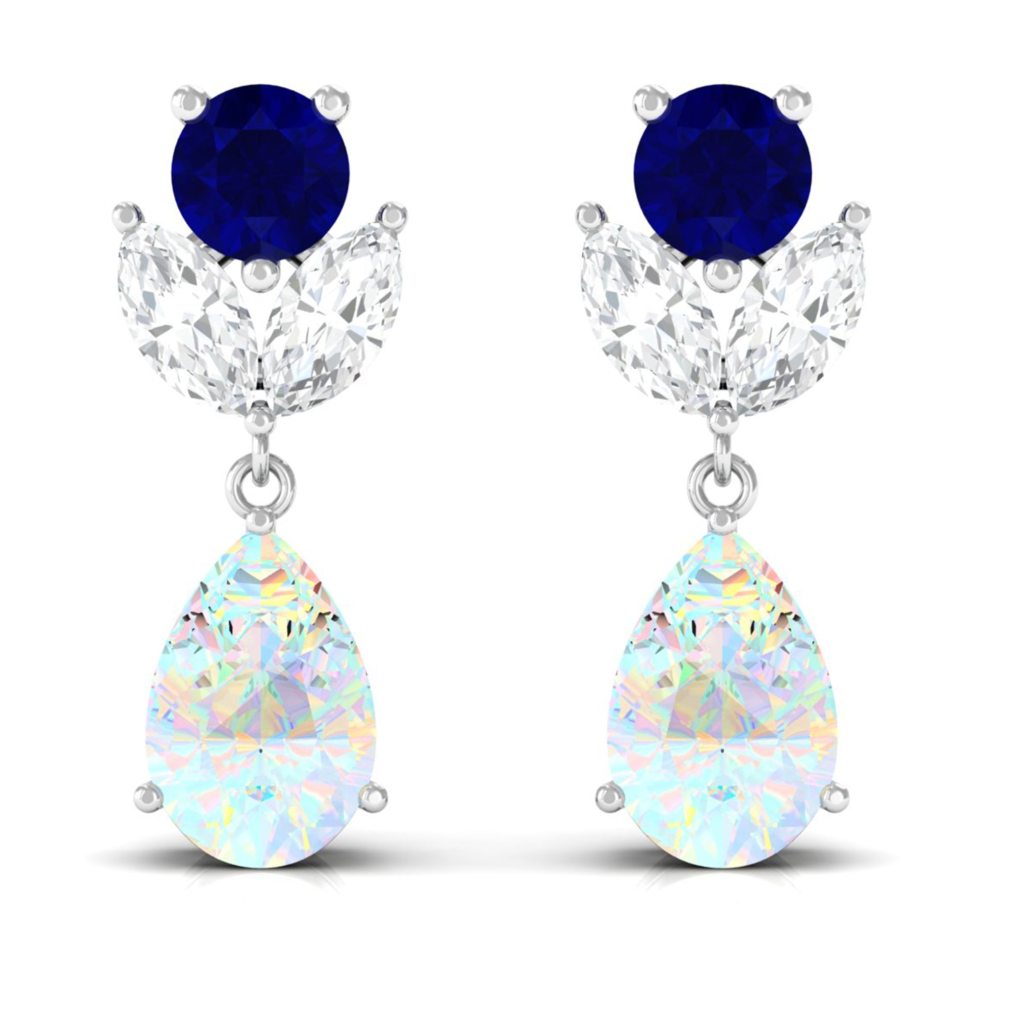 Ethiopian Opal and Blue Sapphire Cocktail Drop Earrings with Moissanite Blue Sapphire - ( AAA ) - Quality - Rosec Jewels