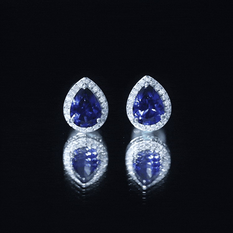 Lab Grown Blue Sapphire Teardrop Stud Earrings With Diamond Halo AAAA - Rosec Jewels